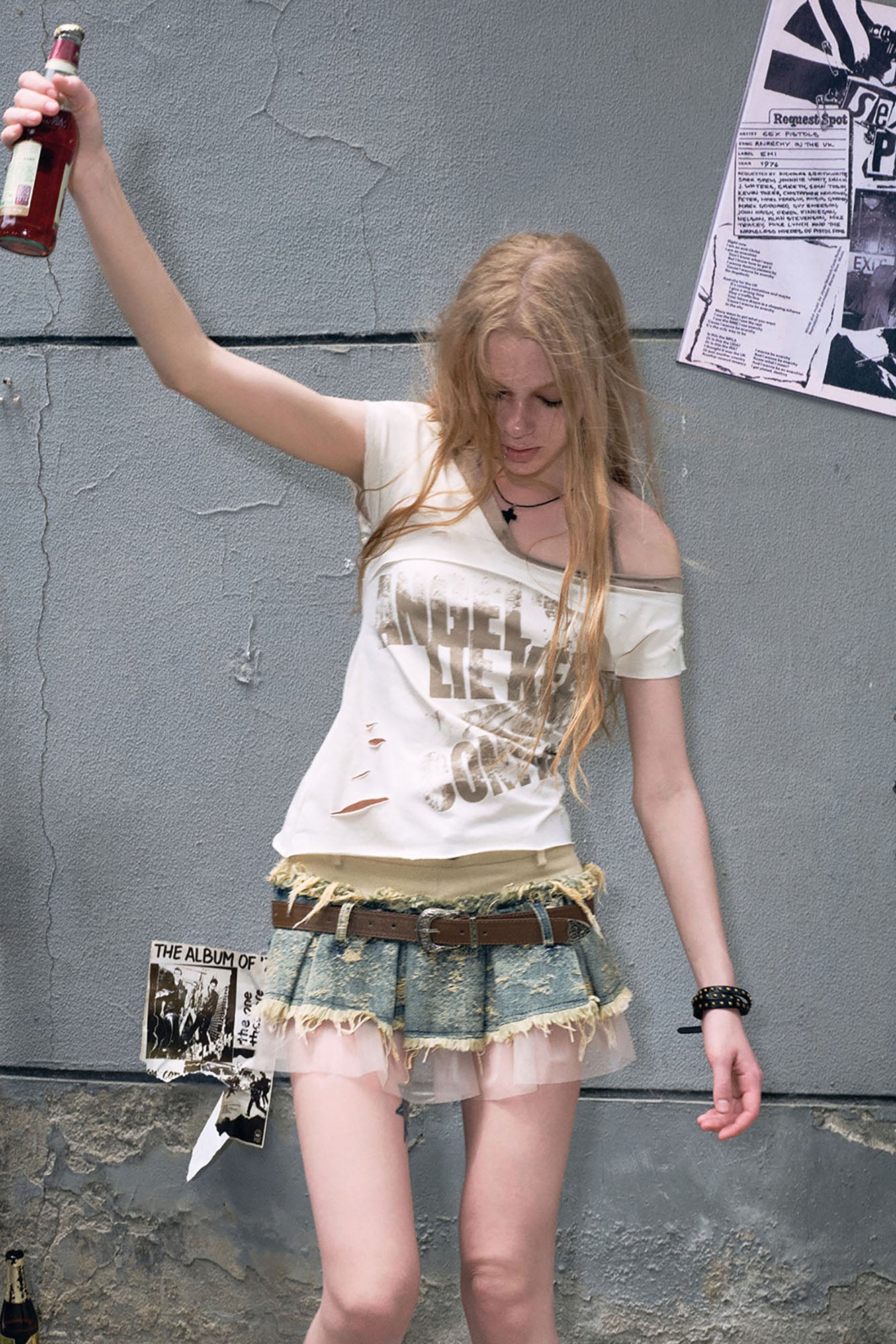 CESTNOUS Layered Frayed Denim Tulle Mini Skirt