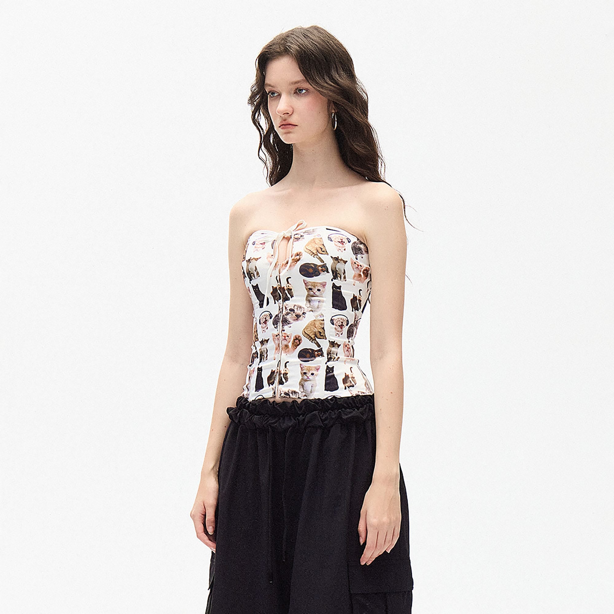 AE30 SAINT Cat Full-Print Lace-Up Corset Tube Top