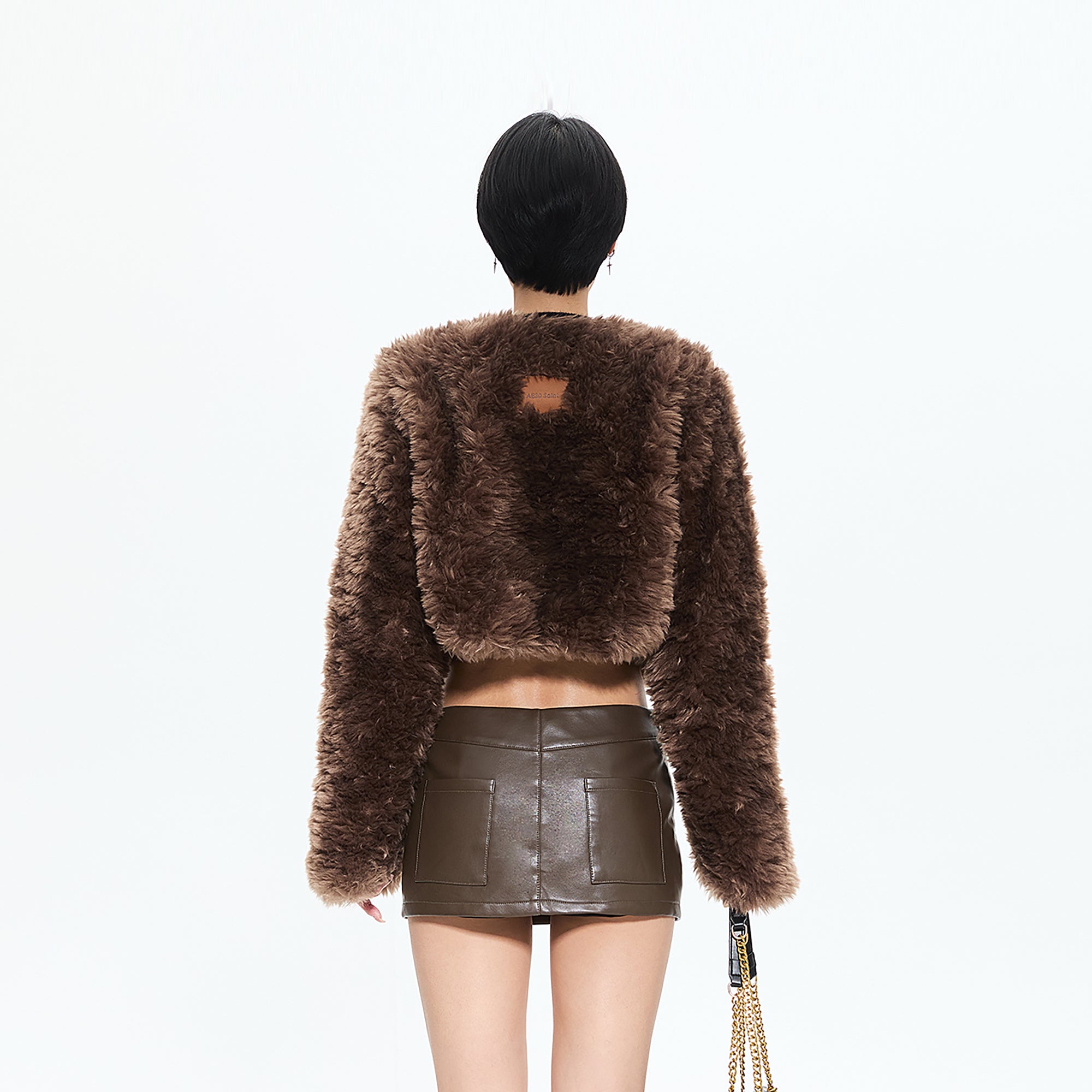 AE30 SAINT Faux Leather Buckles Faux-Fur Cropped Coat