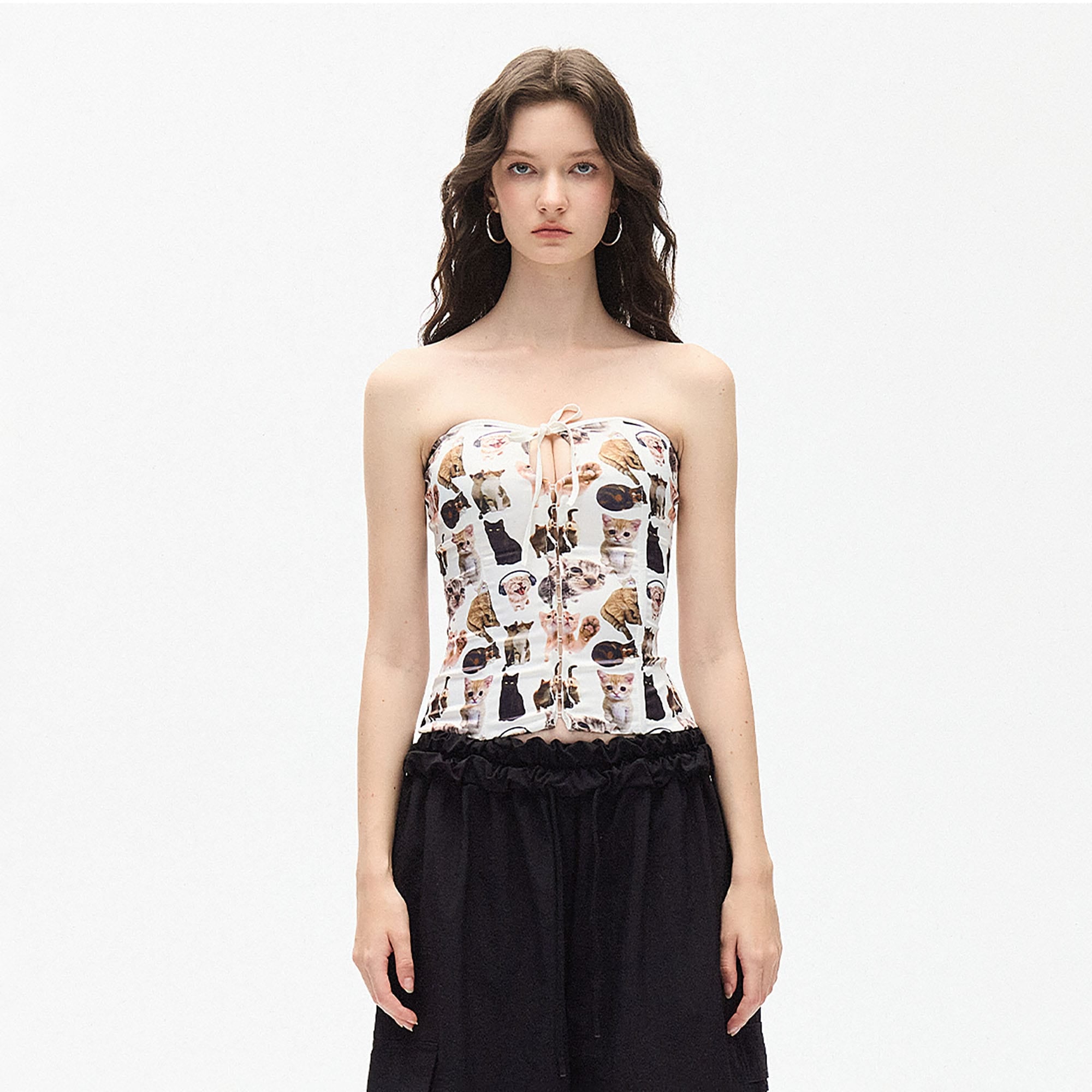 AE30 SAINT Cat Full-Print Lace-Up Corset Tube Top