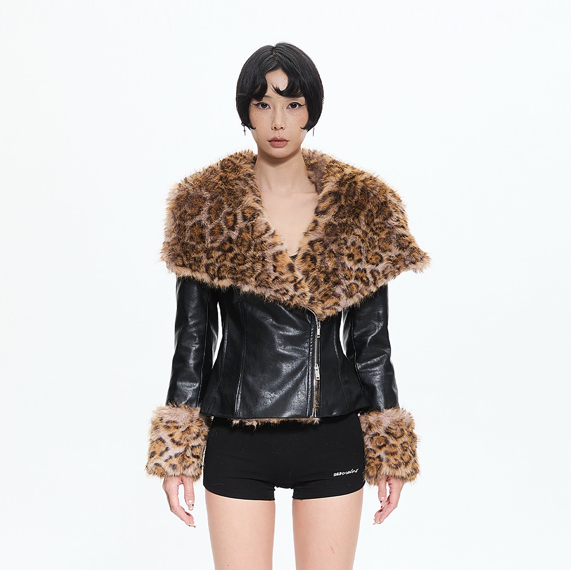 AE30 SAINT Leopard Fur-Collar Faux-Leather Jacket