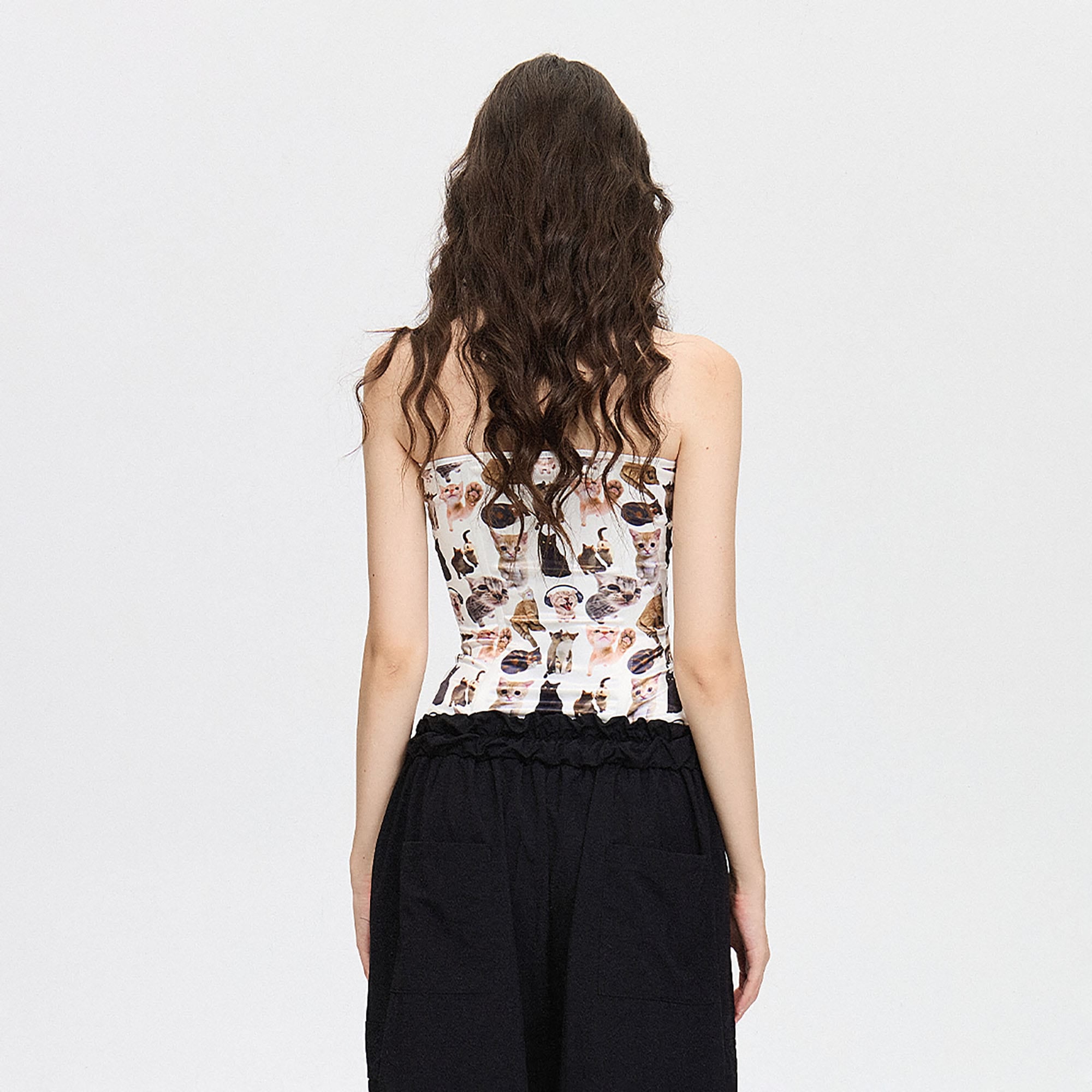 AE30 SAINT Cat Full-Print Lace-Up Corset Tube Top
