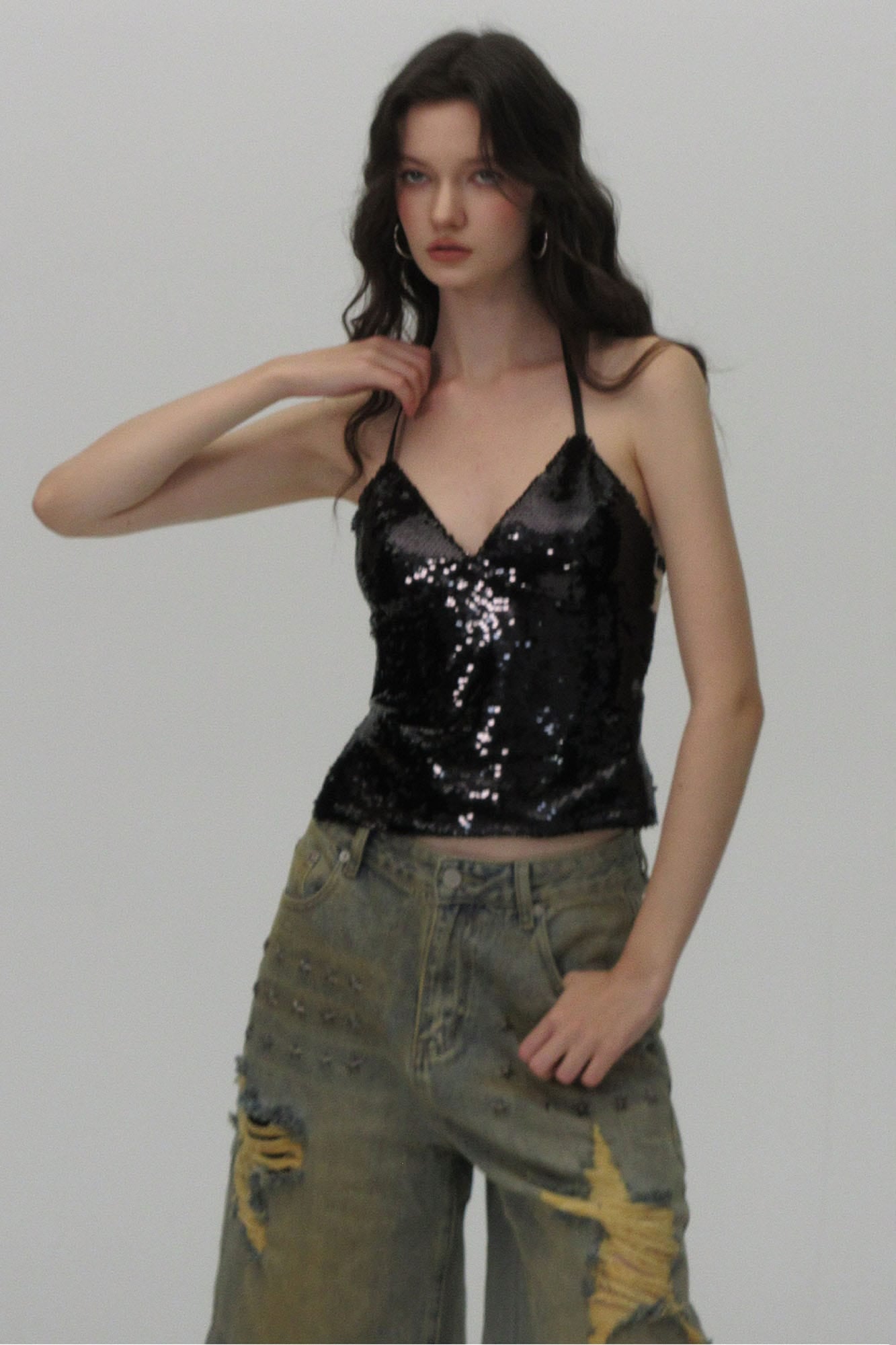 AE30 SAINT Sequin Back-Strap Halter Cami Top