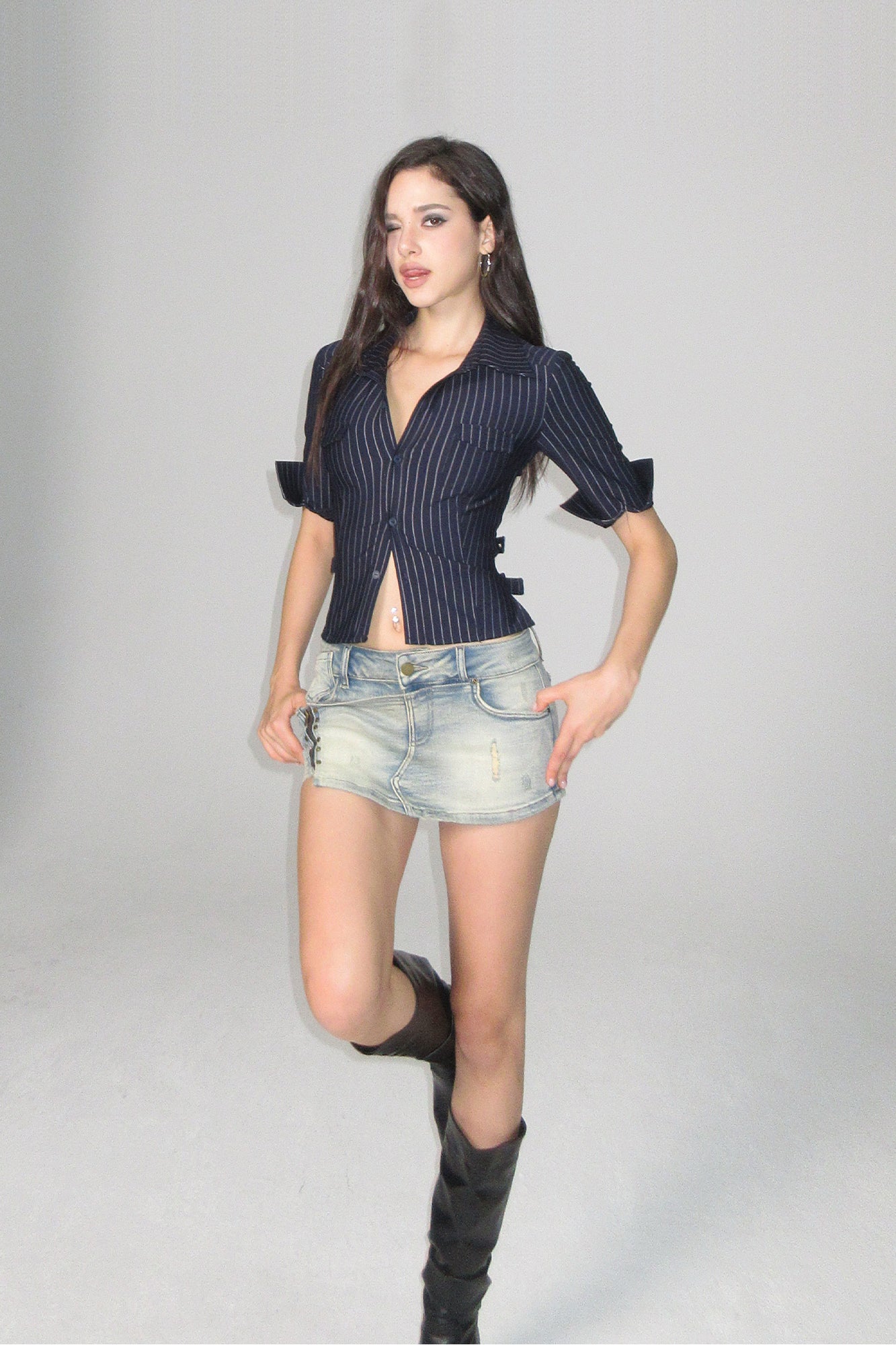 AE30 SAINT Pinstripe Buckled Backless Half Shirt