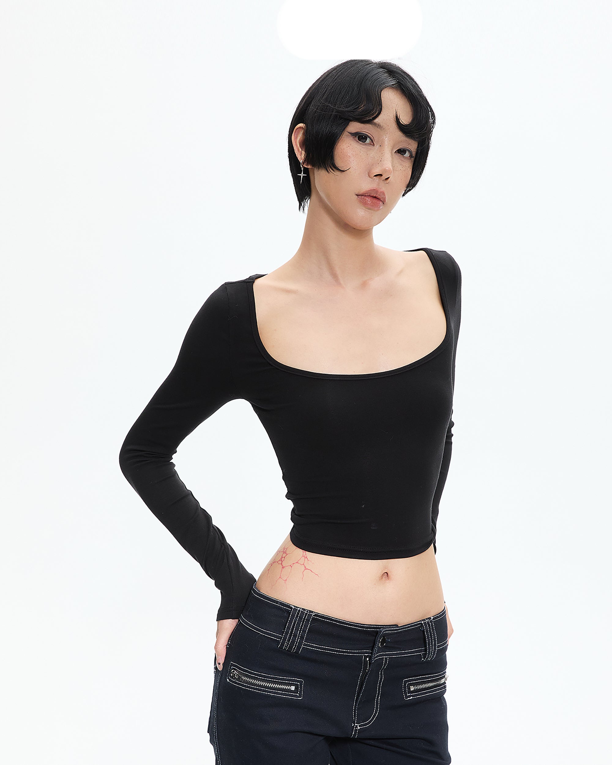 AE30 SAINT Open-Back Buckled Square-Neck Long Sleeve Top