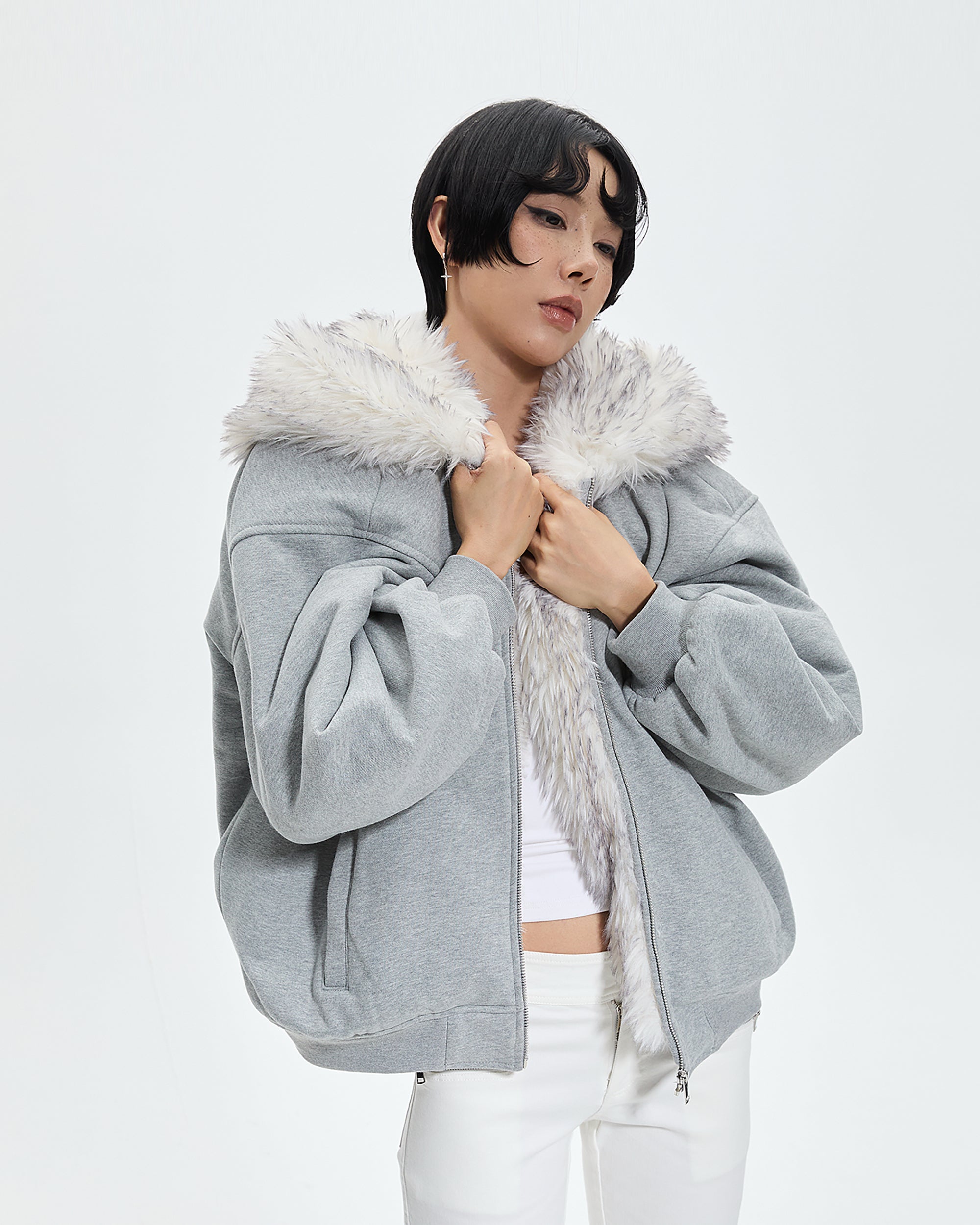 AE30 SAINT Faux Fur Trim Oversized Fleece Hoodie