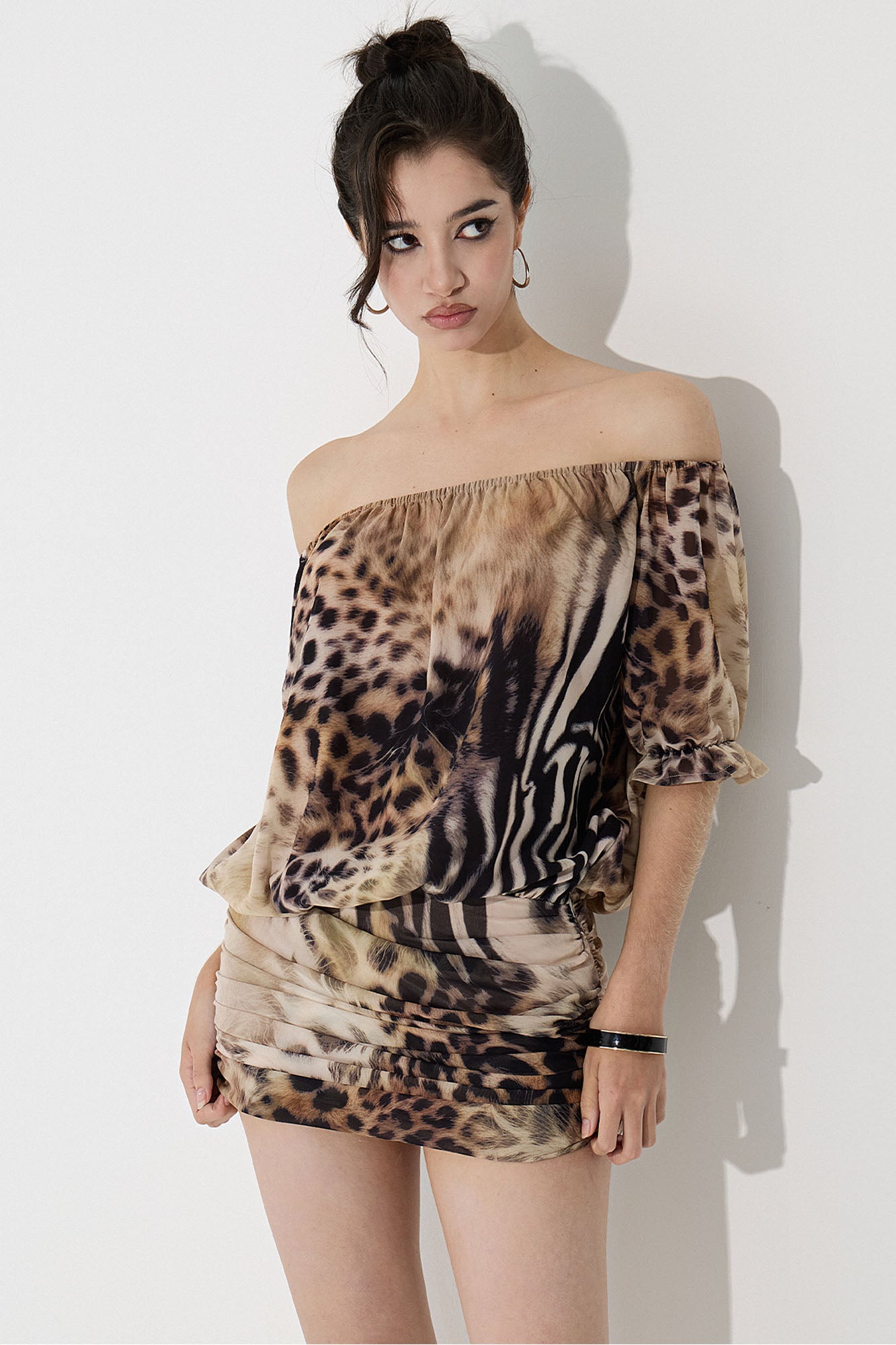 AE30 SAINT Off-Shoulder Animal Print Mini Dress
