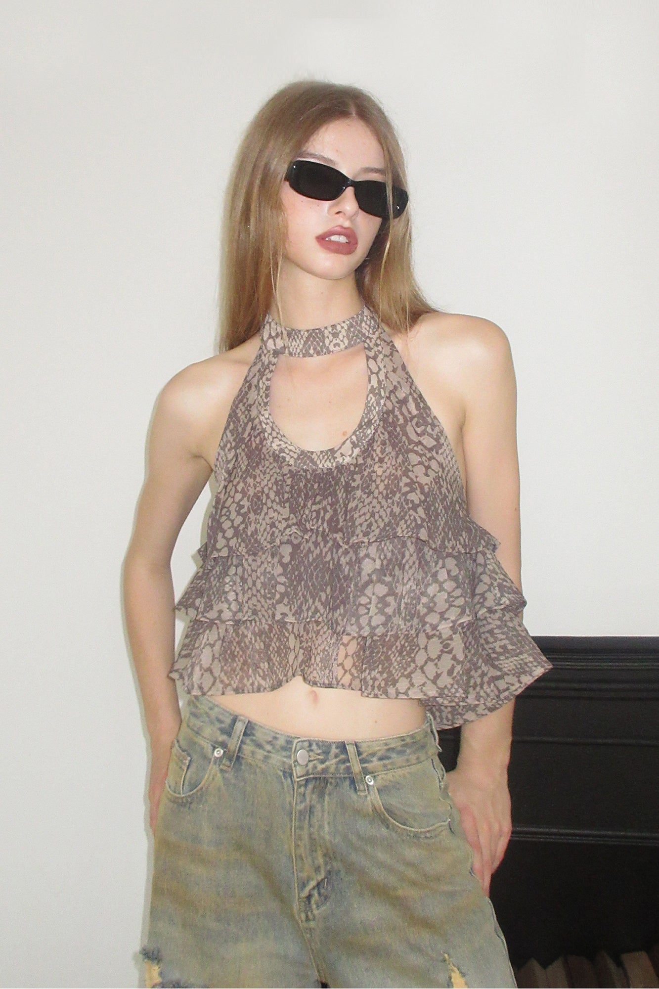 AE30 SAINT Snake Full-Print Halter Ruffle Top