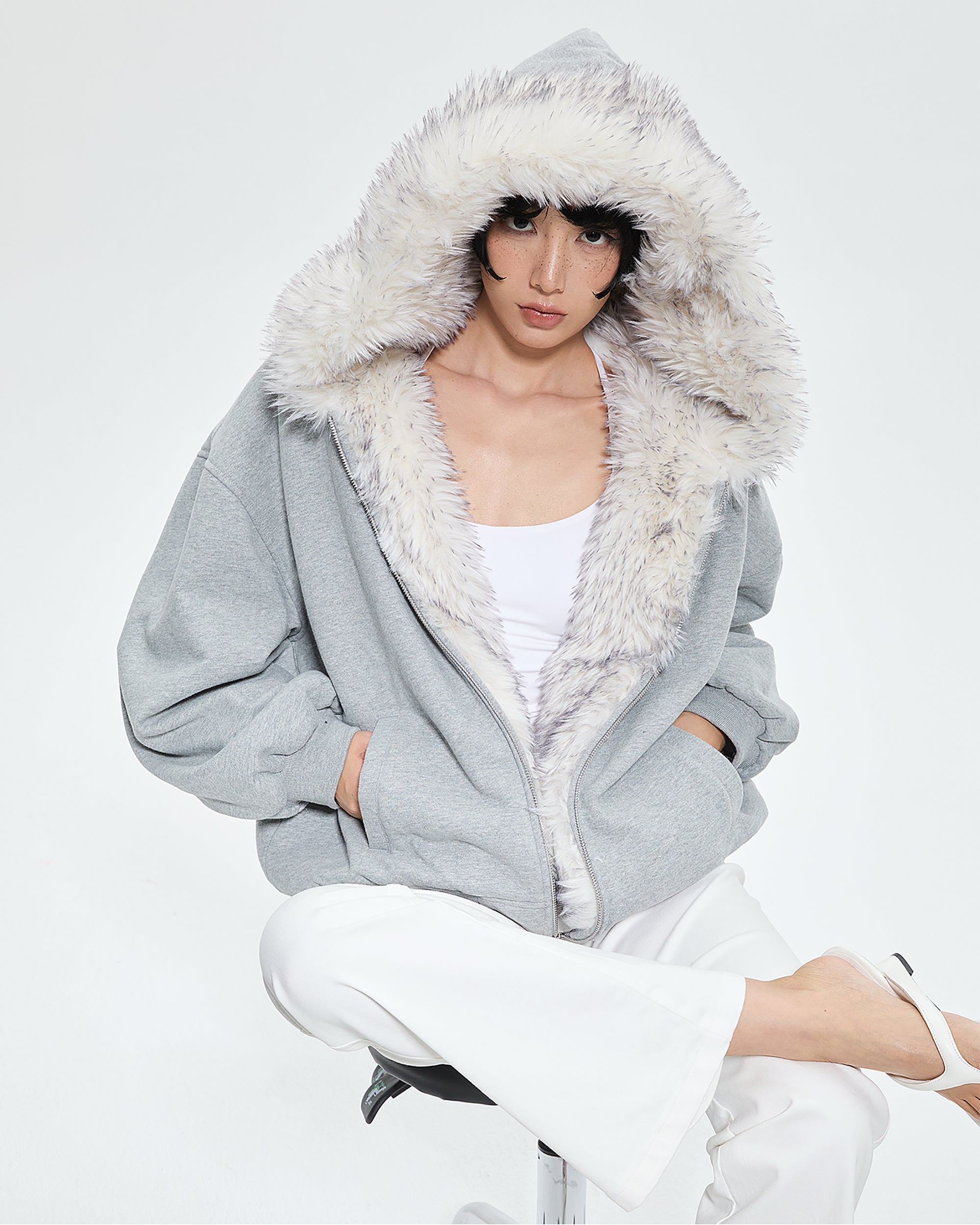 AE30 SAINT Faux Fur Trim Oversized Fleece Hoodie