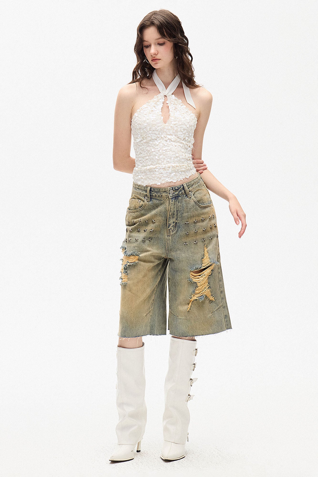 AE30 SAINT Sequin Keyhole Halter Top