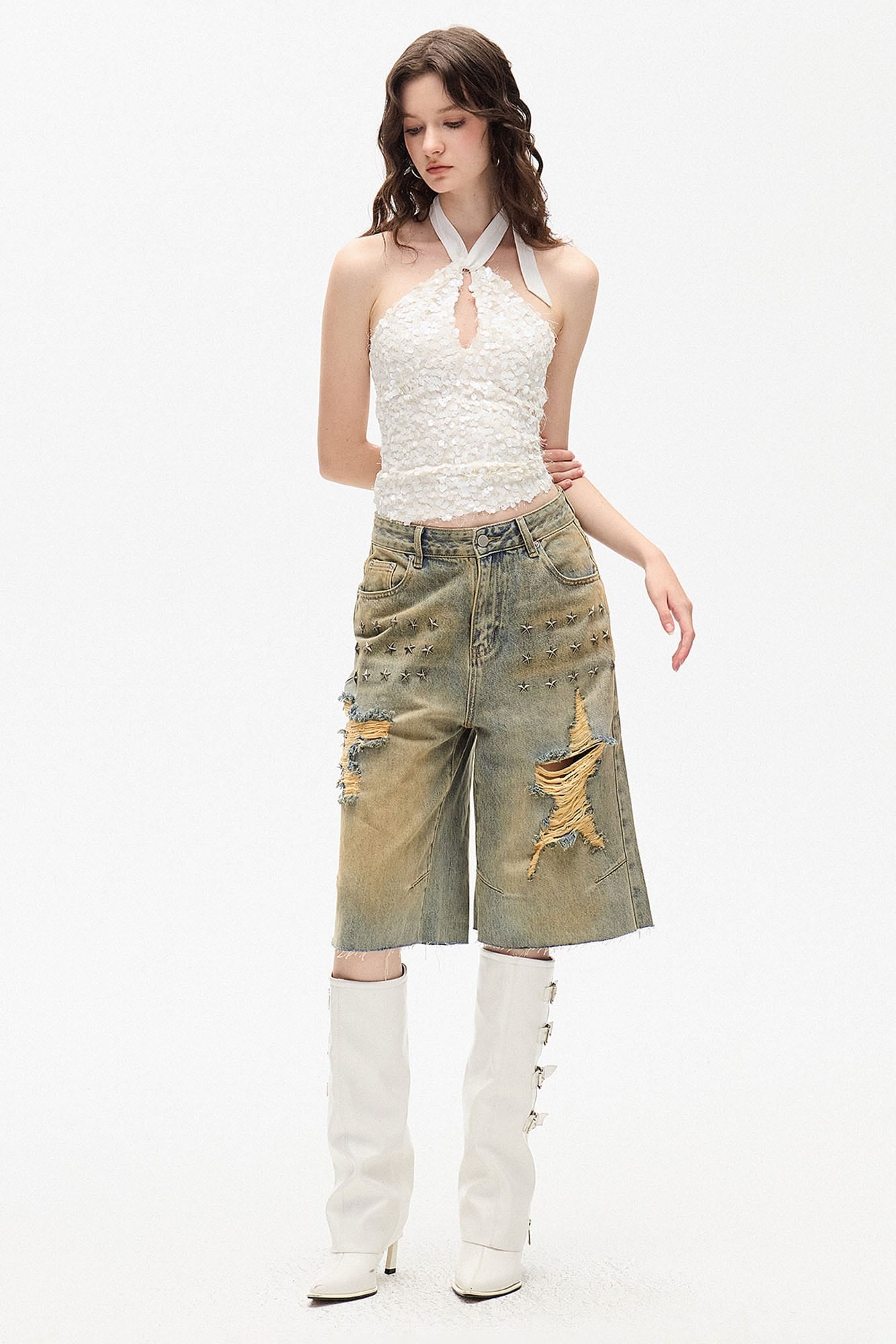 AE30 SAINT Sequin Keyhole Halter Top