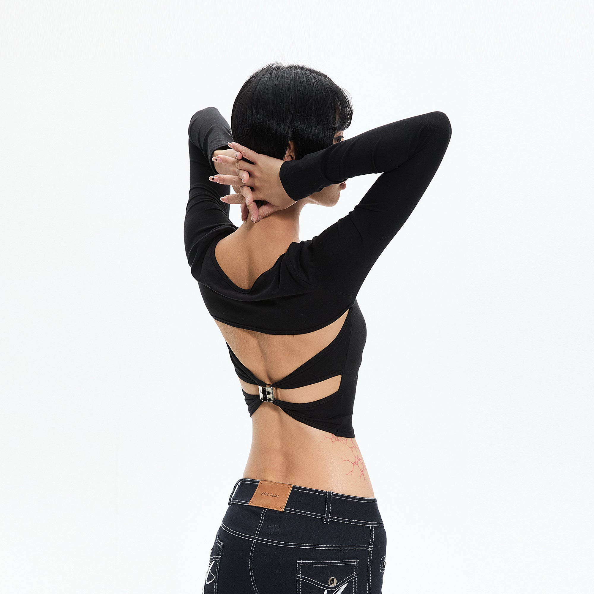 AE30 SAINT Open-Back Buckled Square-Neck Long Sleeve Top