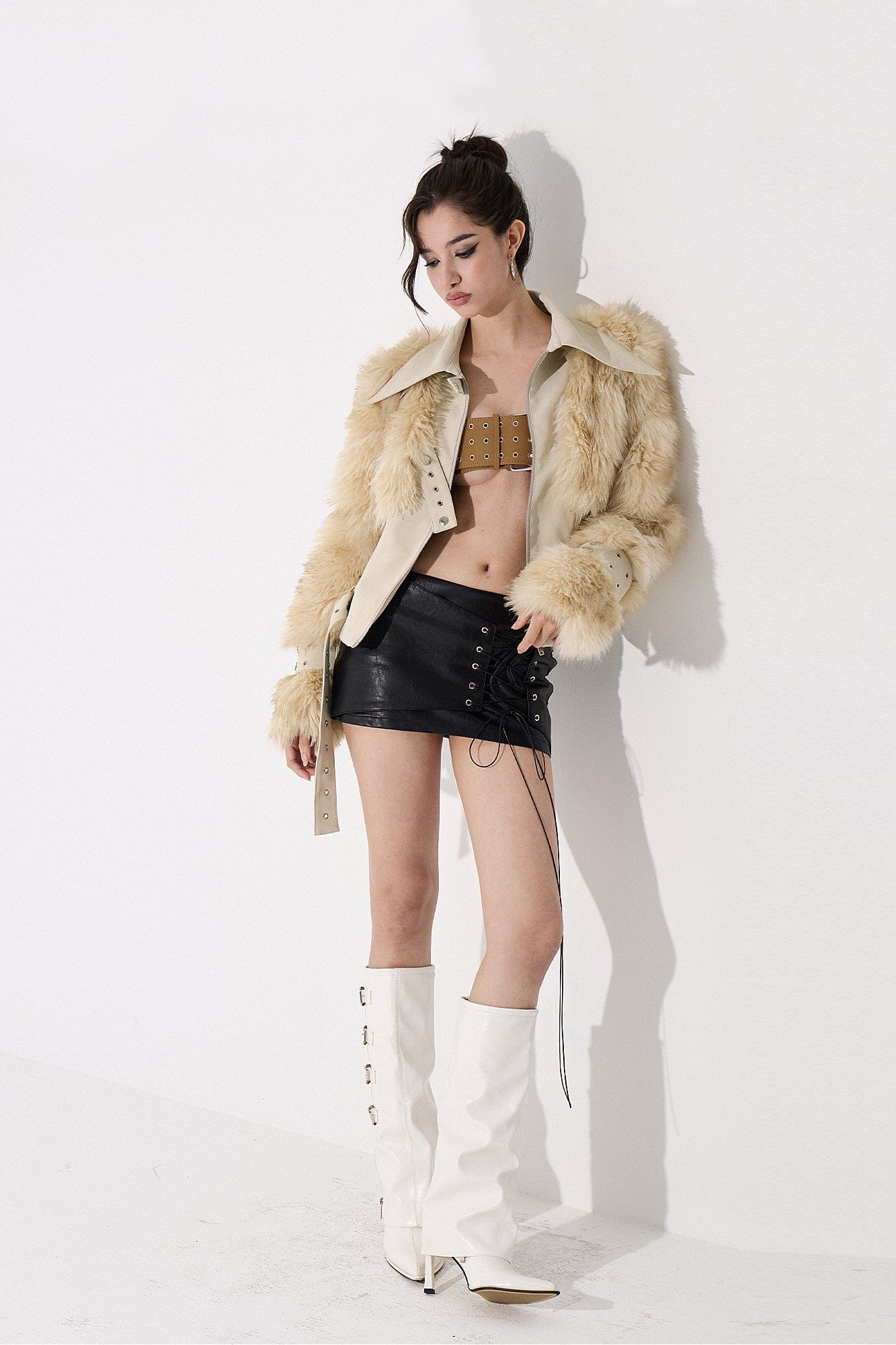 AE30 SAINT Faux Fur Trim PU Moto Jacket