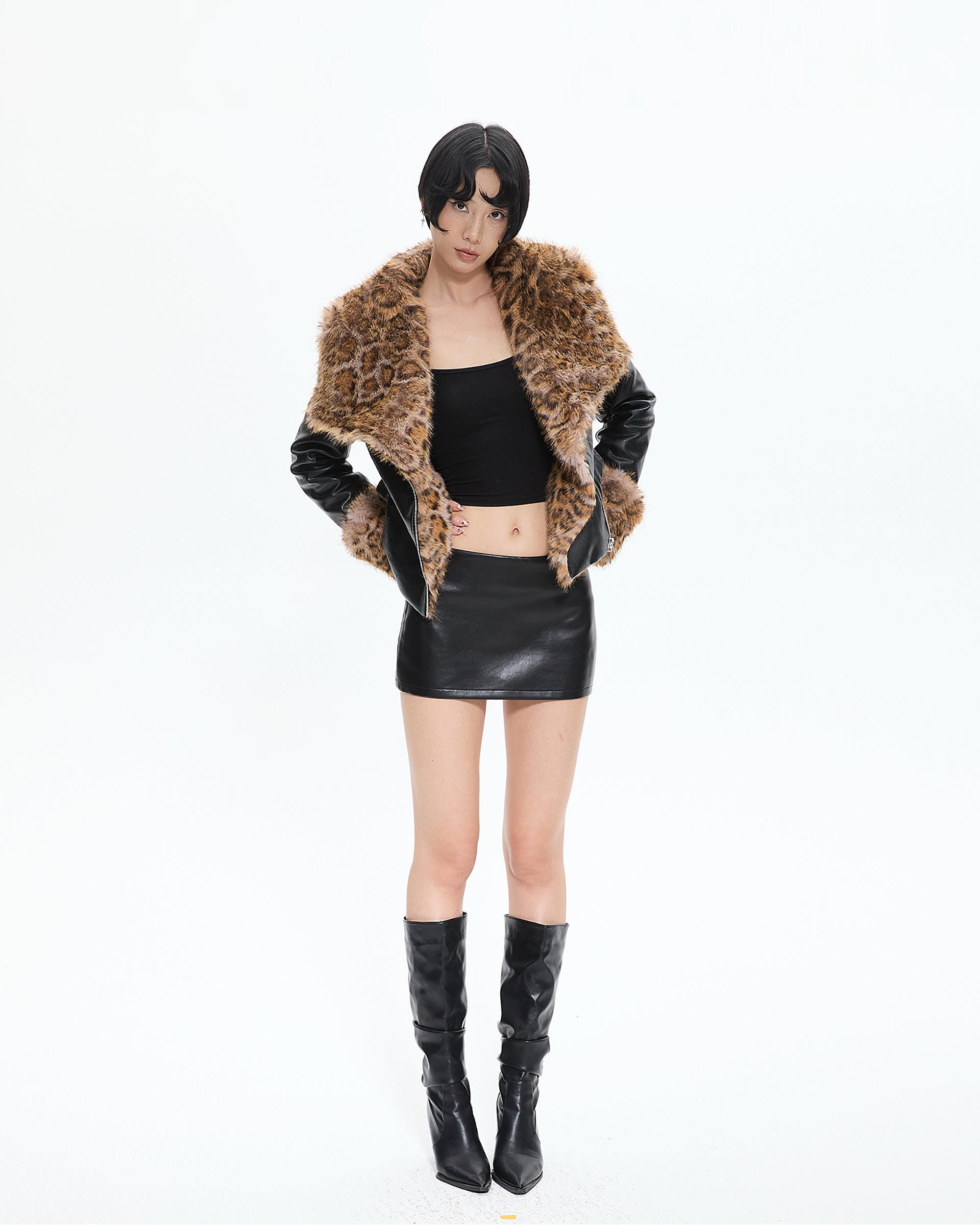AE30 SAINT Leopard Fur-Collar Faux-Leather Jacket