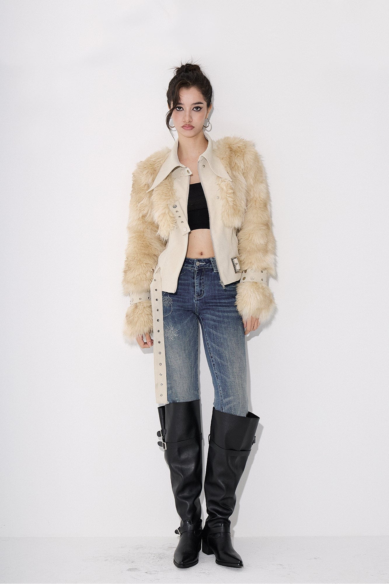AE30 SAINT Faux Fur Trim PU Moto Jacket