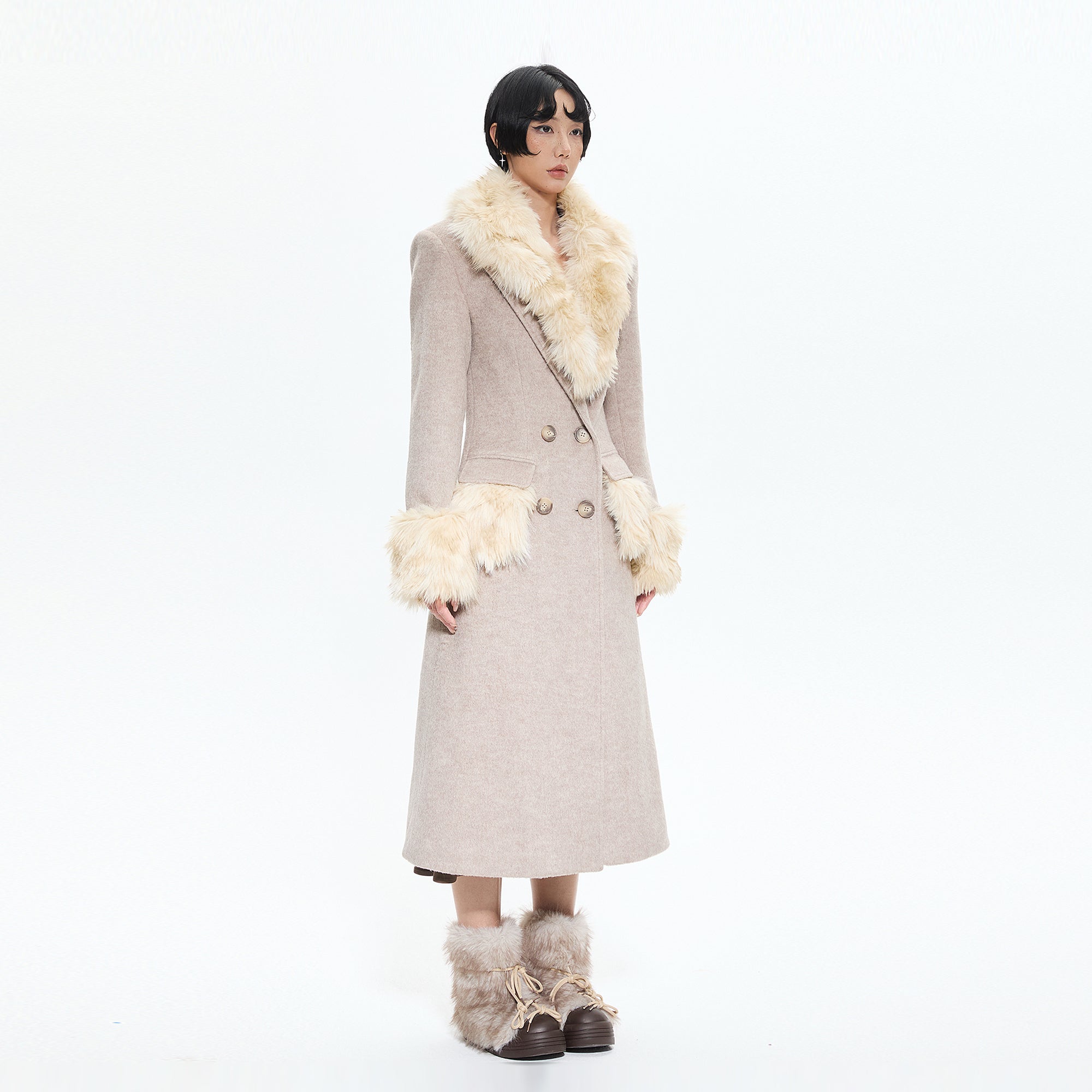 AE30 SAINT Double-Breasted Detachable Fuzzy Collar Coat