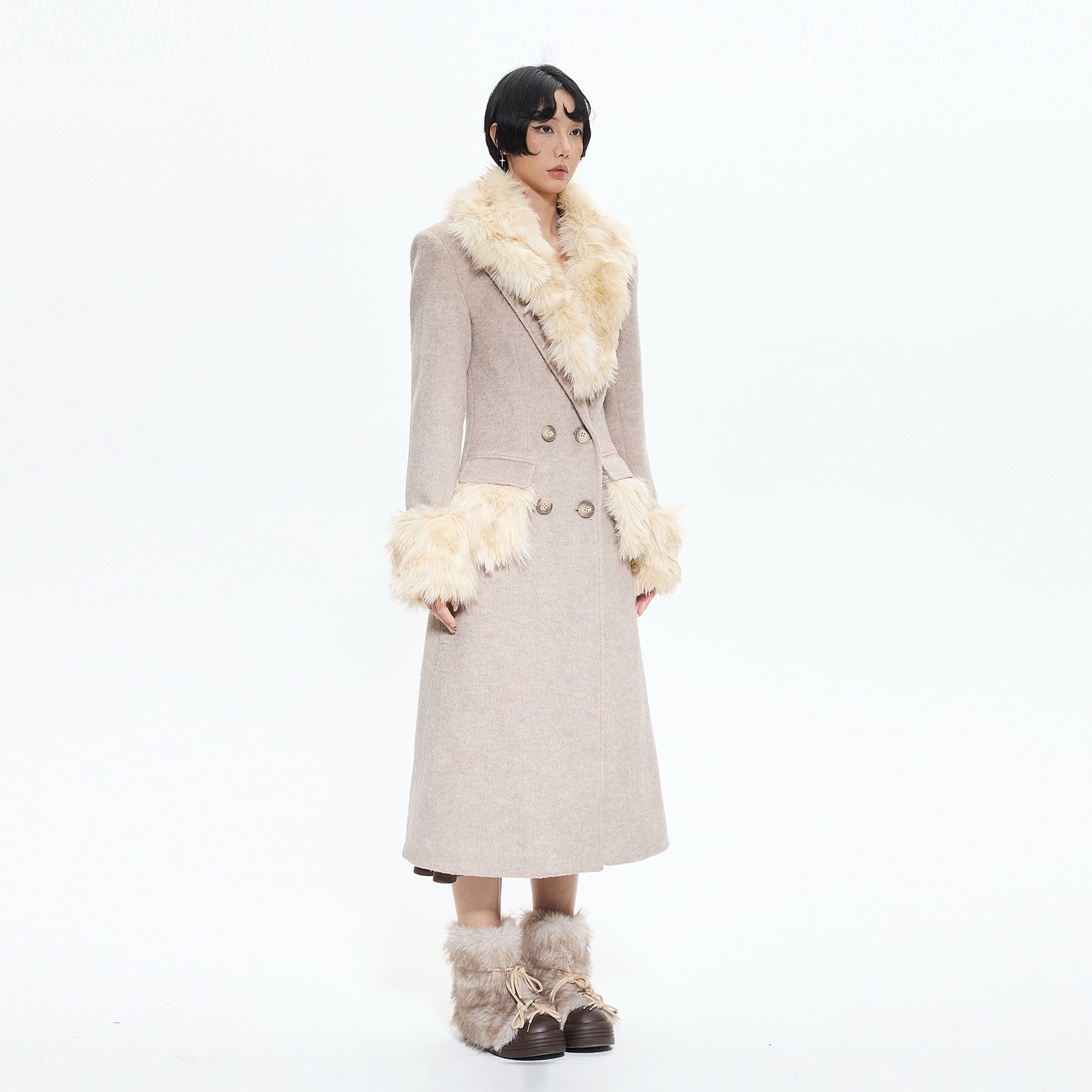 AE30 SAINT Double-Breasted Detachable Fuzzy Collar Coat