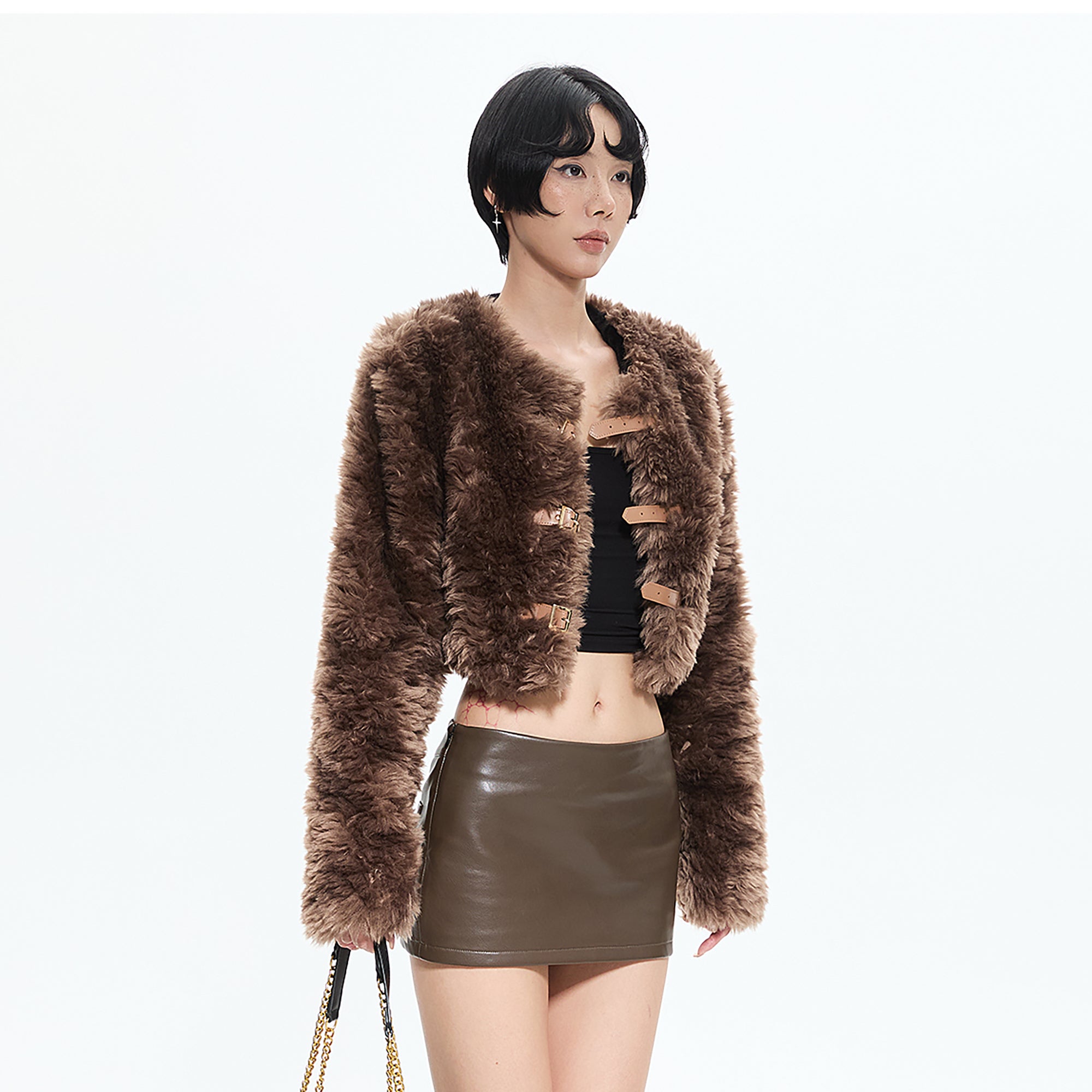 AE30 SAINT Faux Leather Buckles Faux-Fur Cropped Coat
