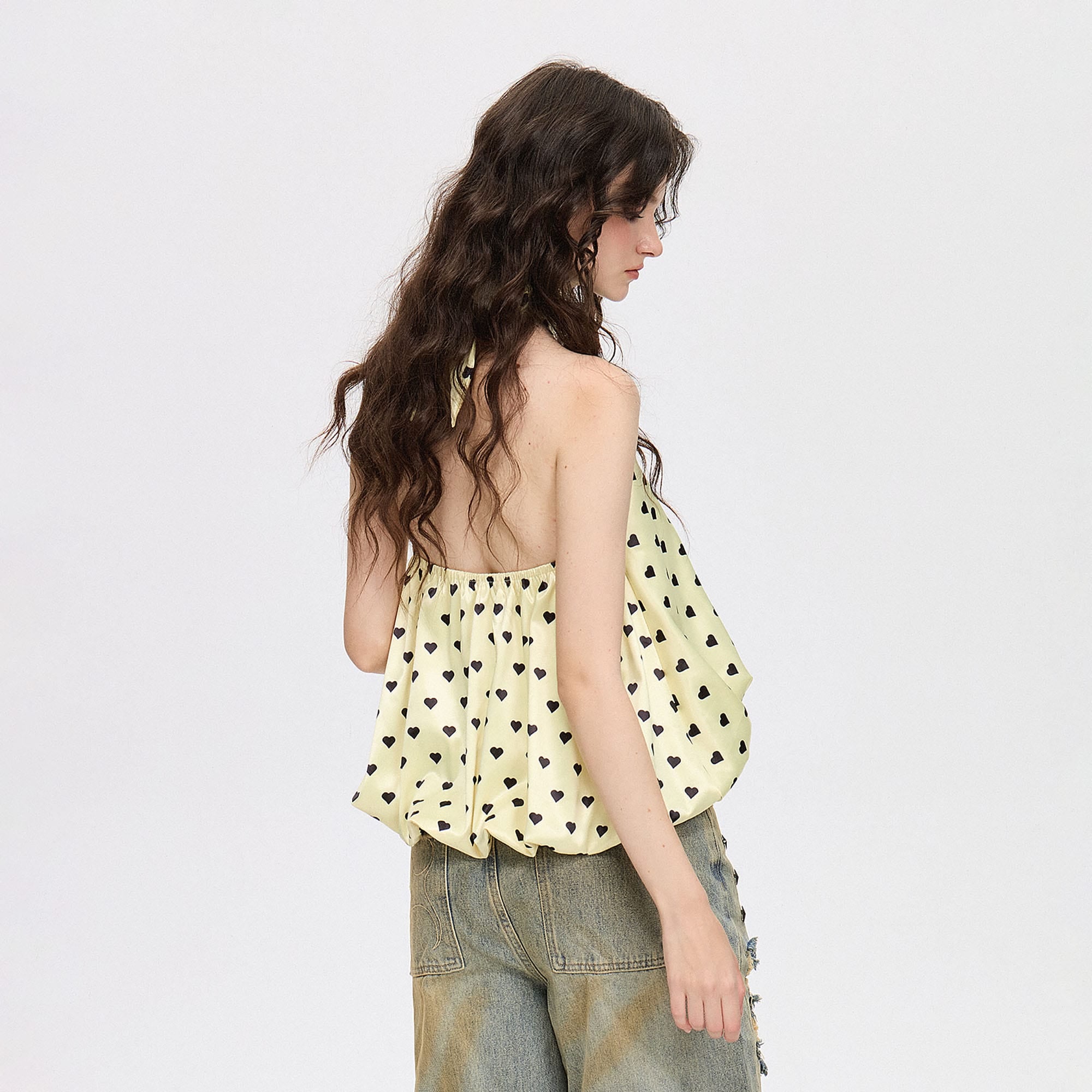 AE30 SAINT Heart Polka Dots Bubble-Hem Halter Top