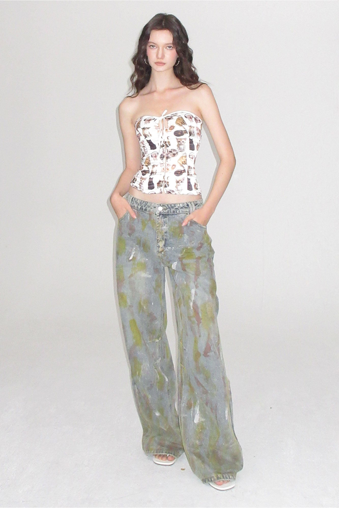 AE30 SAINT Cat Full-Print Lace-Up Corset Tube Top