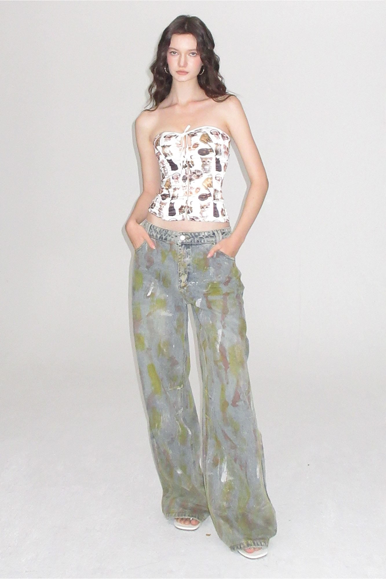 AE30 SAINT Cat Full-Print Lace-Up Corset Tube Top