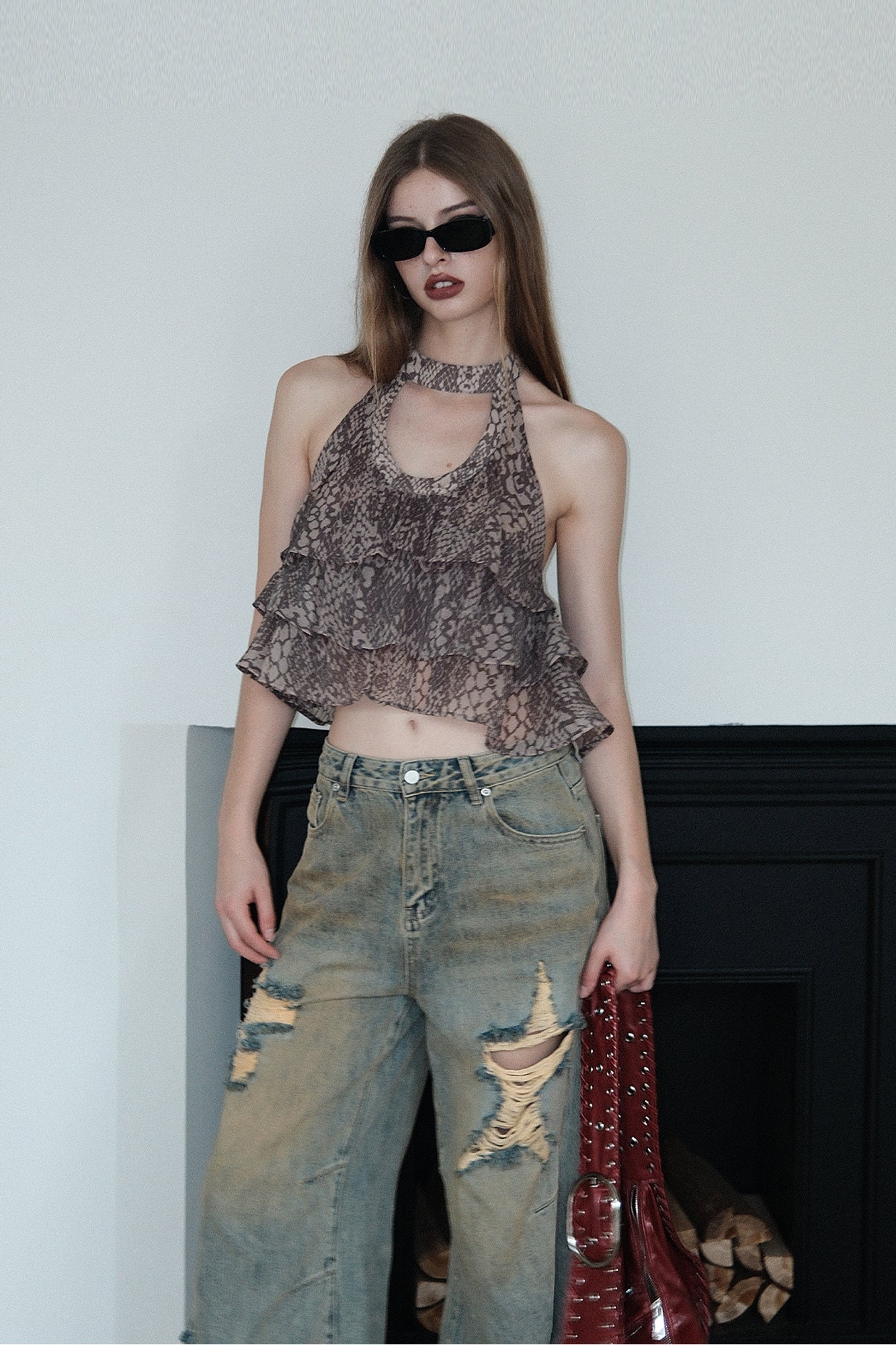 AE30 SAINT Snake Full-Print Halter Ruffle Top