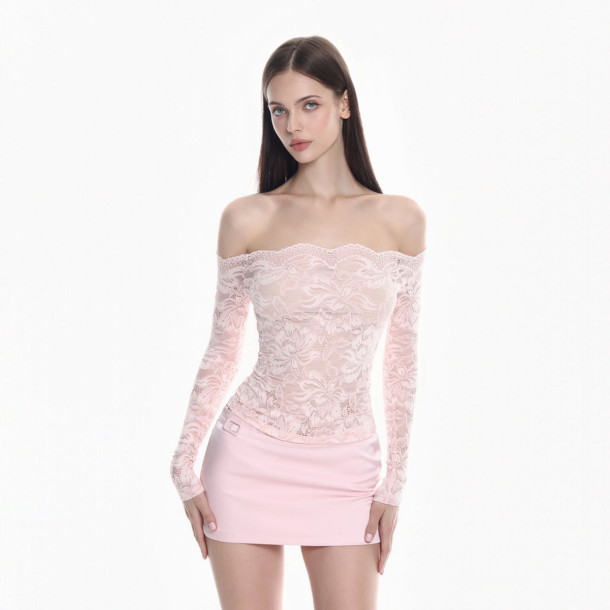 MILLIONLOTUS Off-Shoulder Floral Lace Long-Sleeve Top & Mini Skirt Set