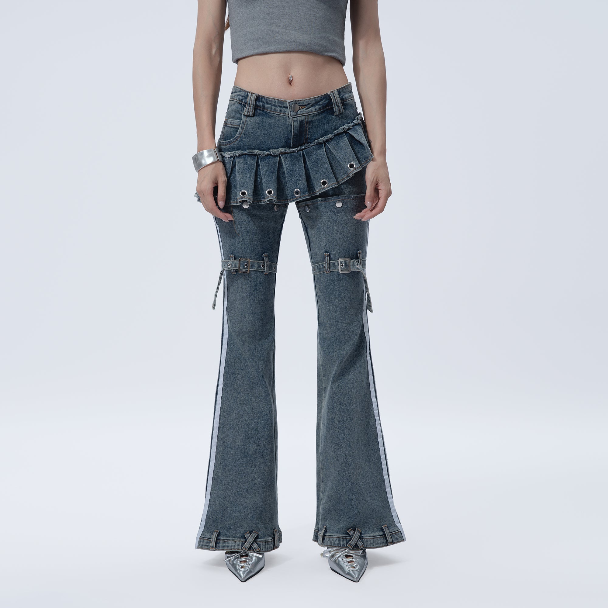 MOGONGSHE Washed Skirt-Layer Detachable Flared Jeans