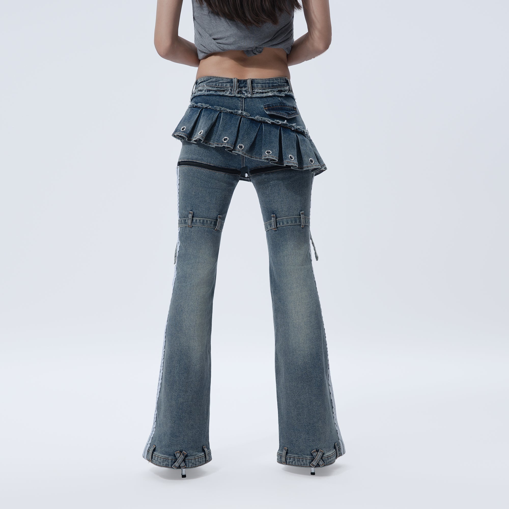 MOGONGSHE Washed Skirt-Layer Detachable Flared Jeans