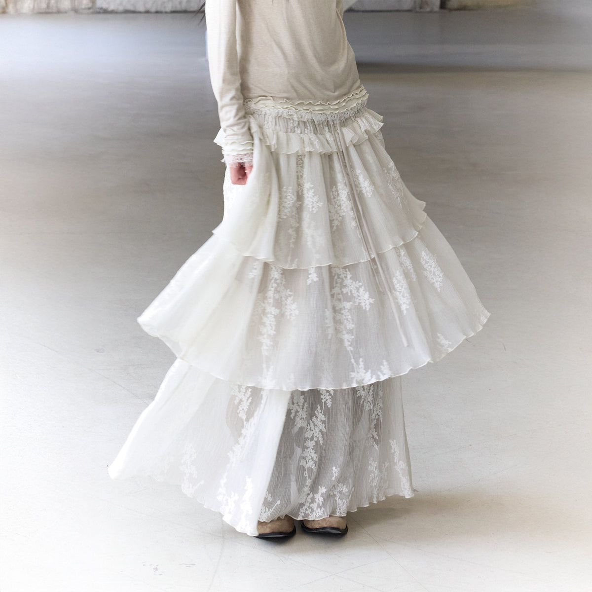 CHANGGUANG YUANZI Lace Embroidered Pleated Layered Maxi Skirt
