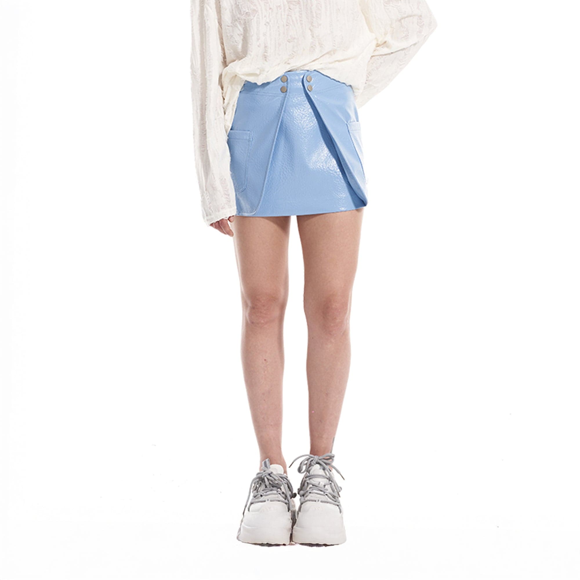 VANN VALRENCE Faux Leather Overlay Flap Mini Skirt