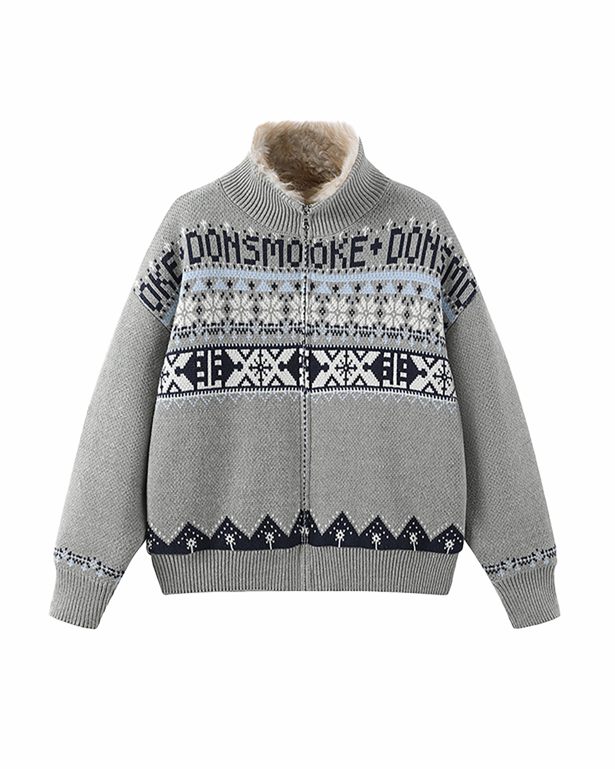 DONSMOKE Retro Fair Isle Faux Fur Lined Knit Jacket