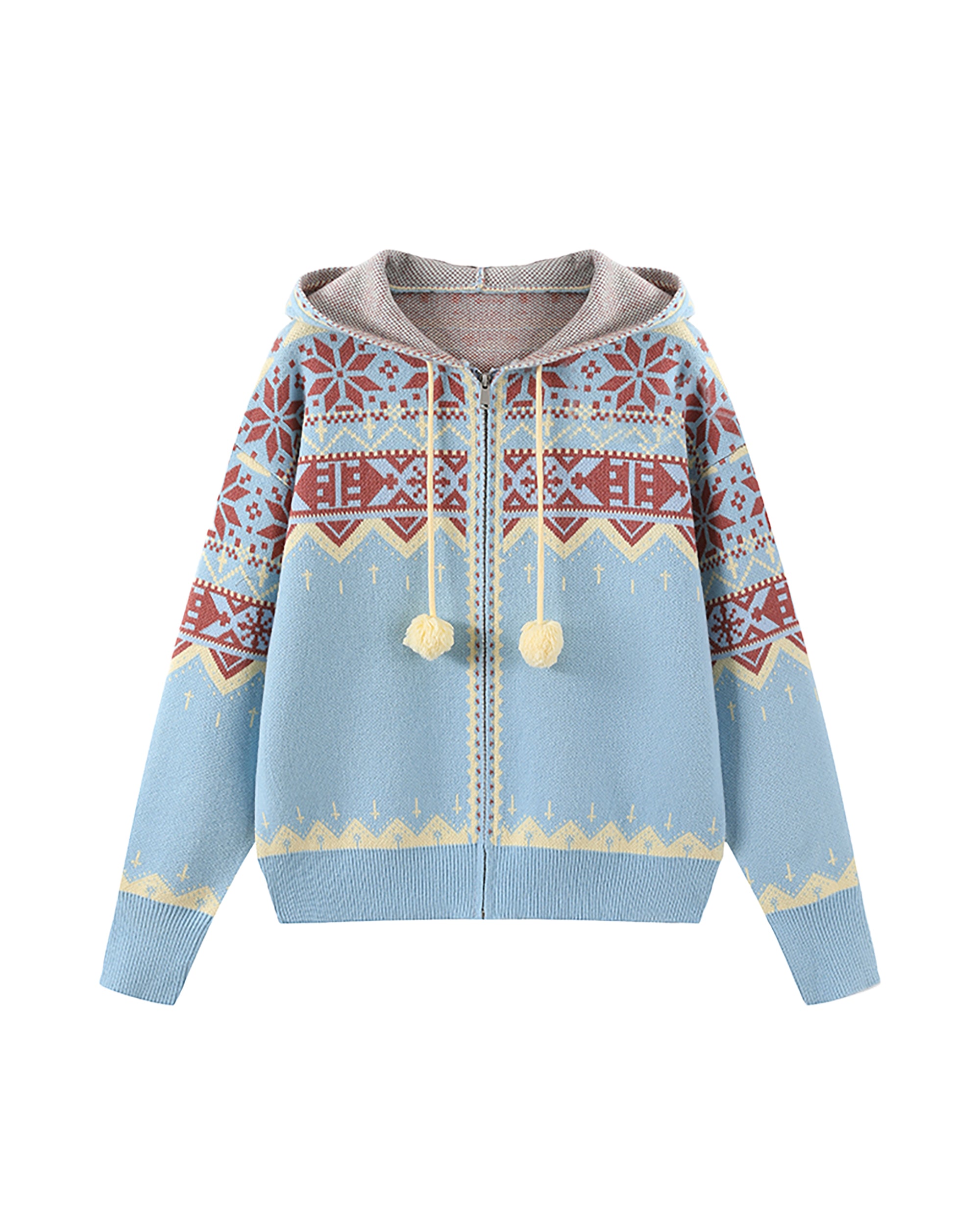 DONSMOKE Retro Fair Isle Pom Zip-Up Hoodie