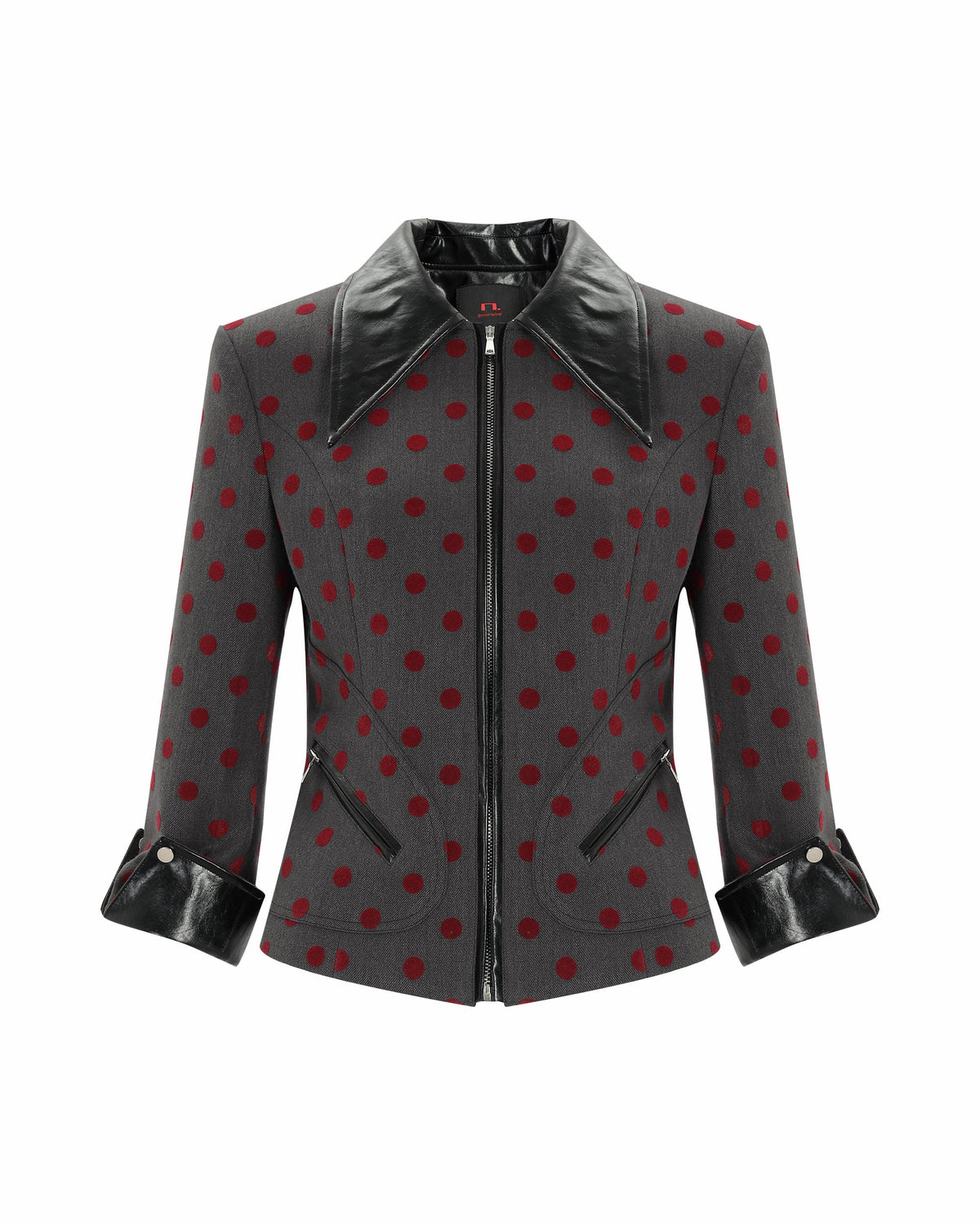 NEVER OFFEND L ANGEL Polka Dot Faux Leather Spliced Cropped Blazer