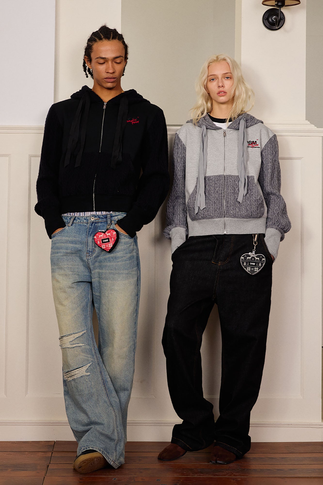 DONSMOKE Spliced Cable-Knit Zip-Up Hoodie