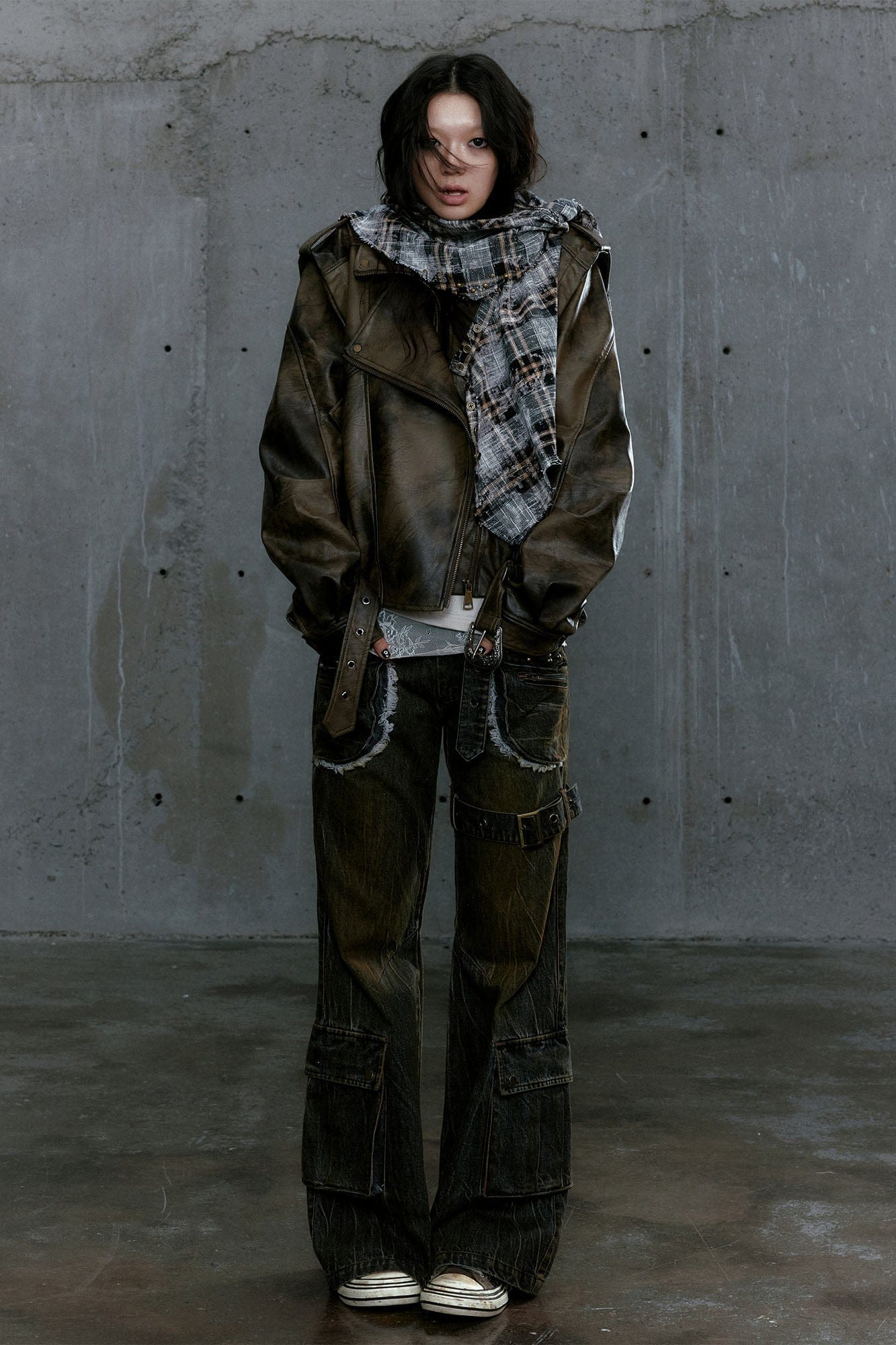 CESTNOUS Distressed Dual-Zip Faux Leather Biker Jacket