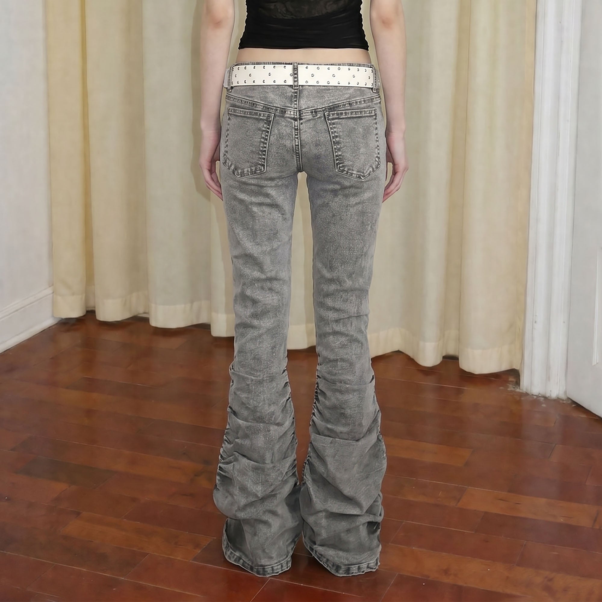 EMOHA Washed Ruched Flared Jeans