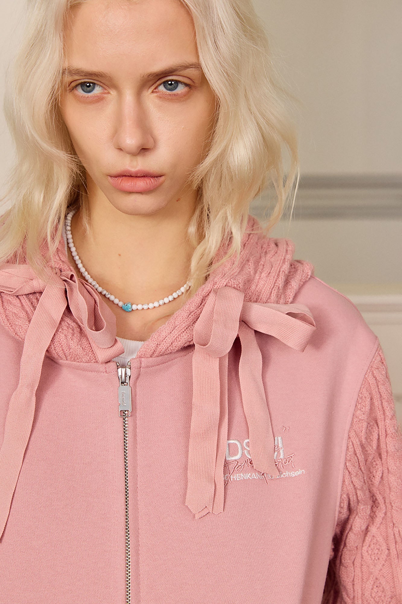 DONSMOKE Spliced Cable-Knit Zip-Up Hoodie