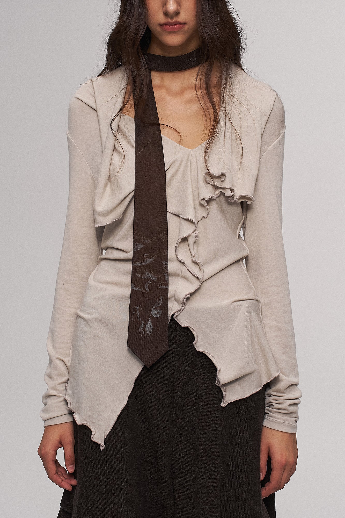 ILNya Nieternite Nifutur Asymmetrical Ruffle Wool-Blend Long Sleeve Tee