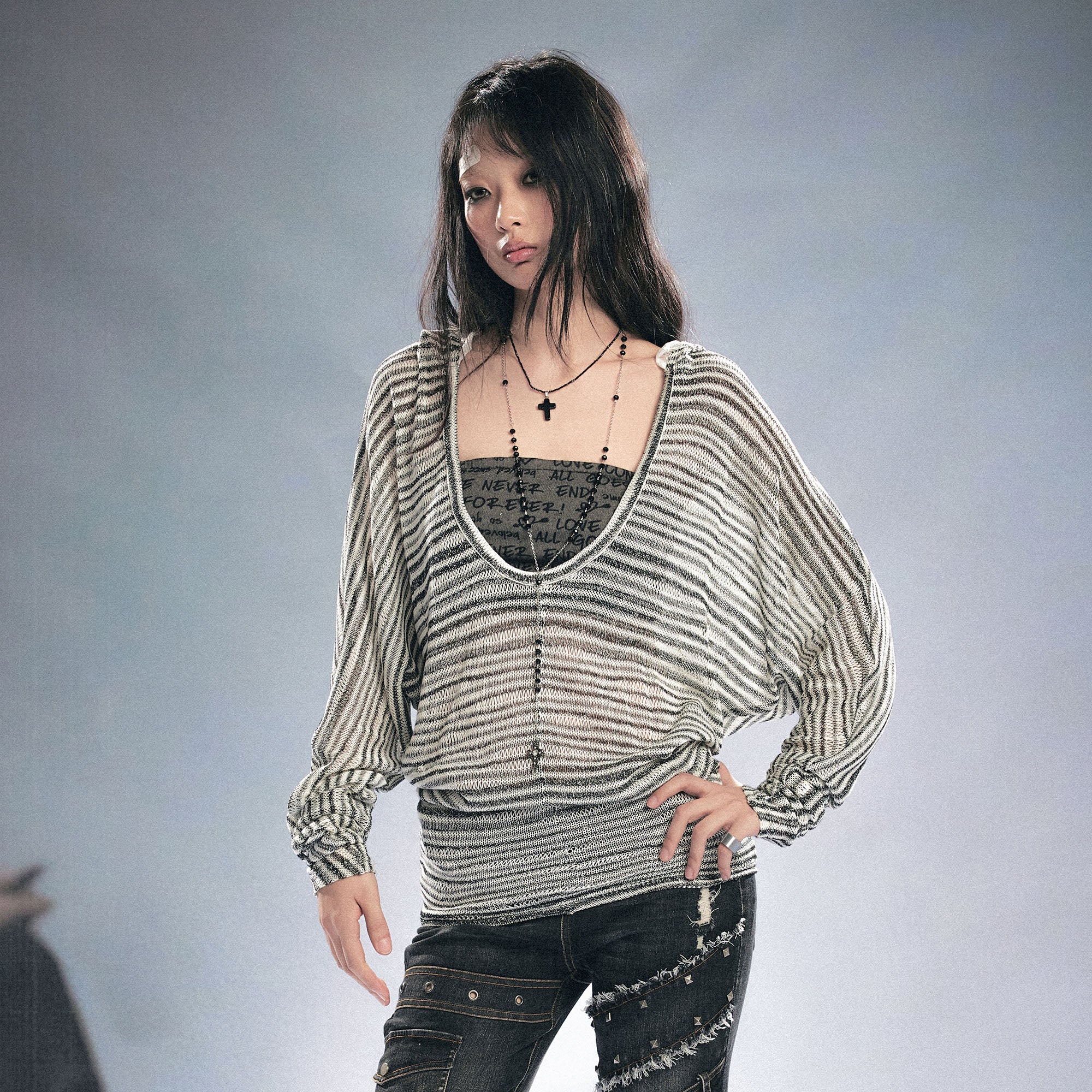 CESTNOUS Striped Sheer Hooded Long-Sleeve Tee