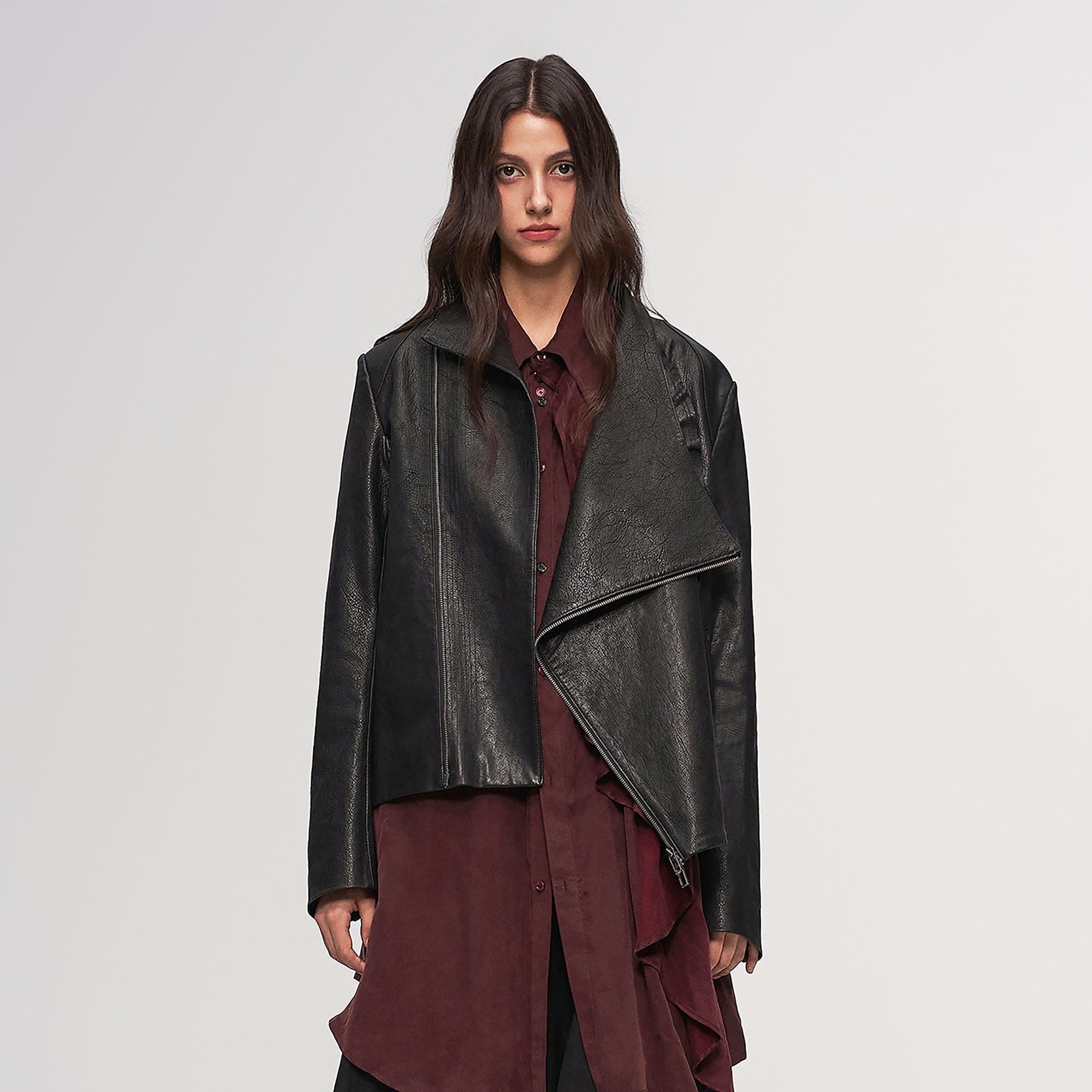 ILNya Nieternite Nifutur Asymmetric Ruffled Leather Biker Jacket