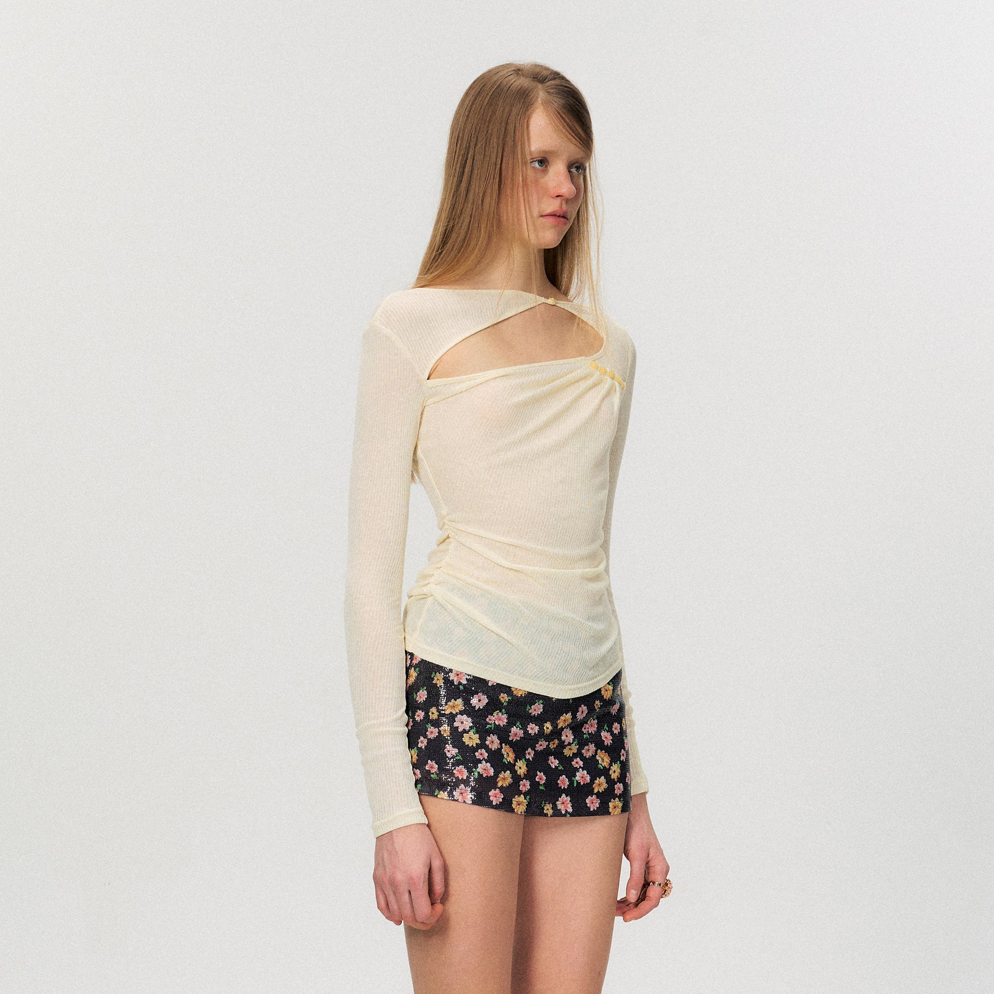 THE NEVERMORE Asymmetric Sheer Cutout Ruched Top
