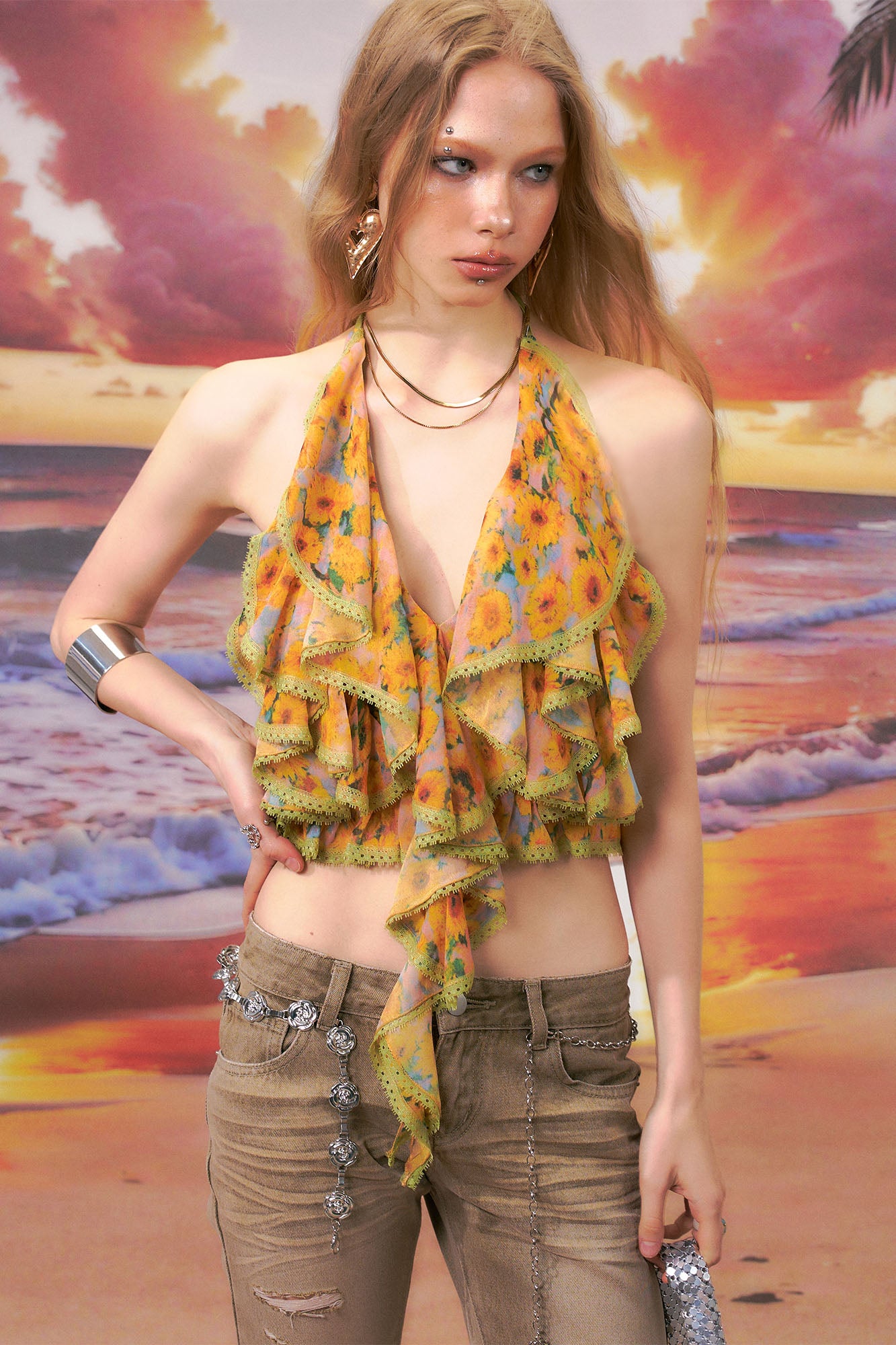 THE NEVERMORE Floral Layered Ruffle Halter Top
