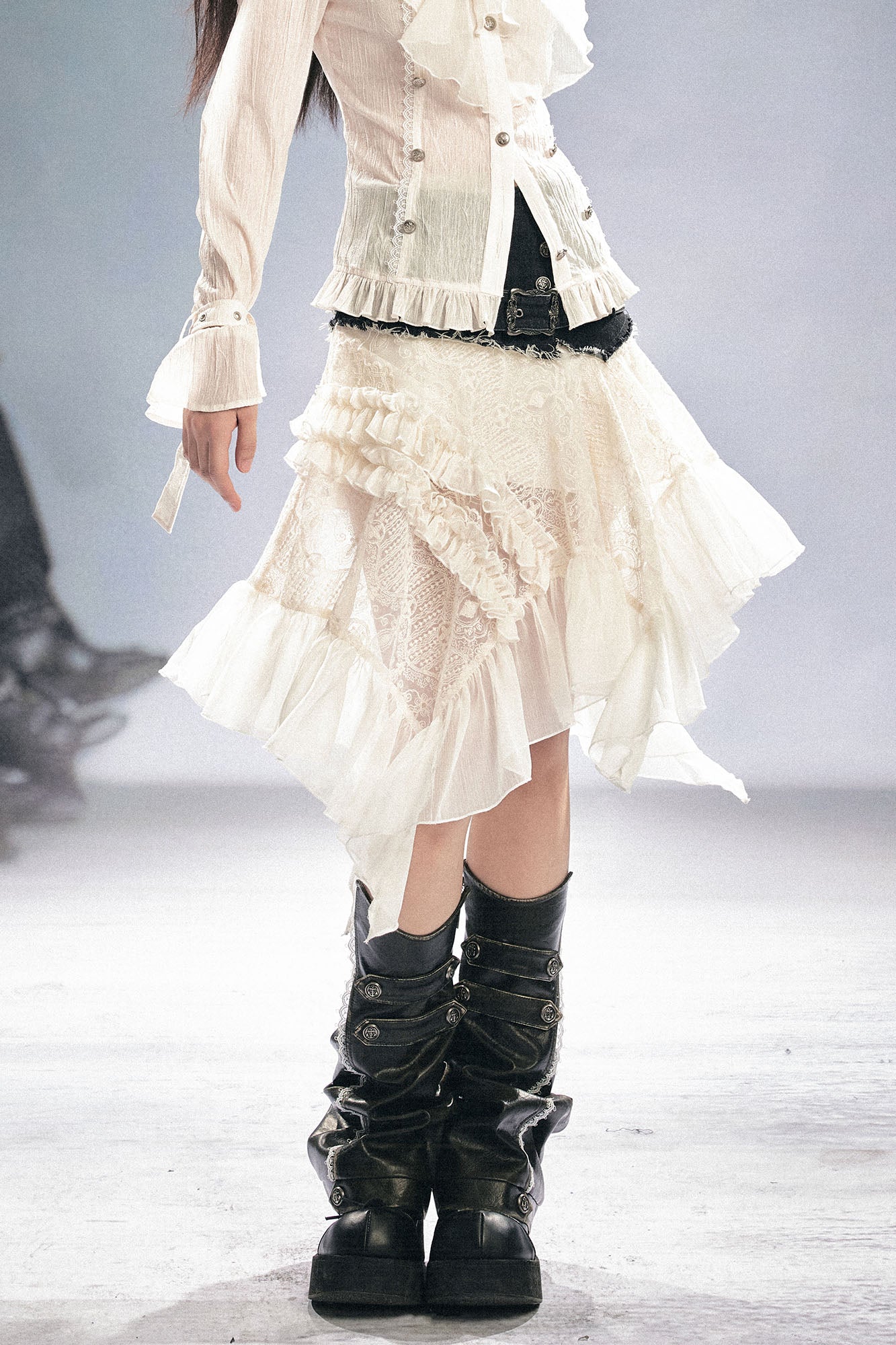 CESTNOUS Denim Belt-Waist Lace Ruffle Asym Skirt