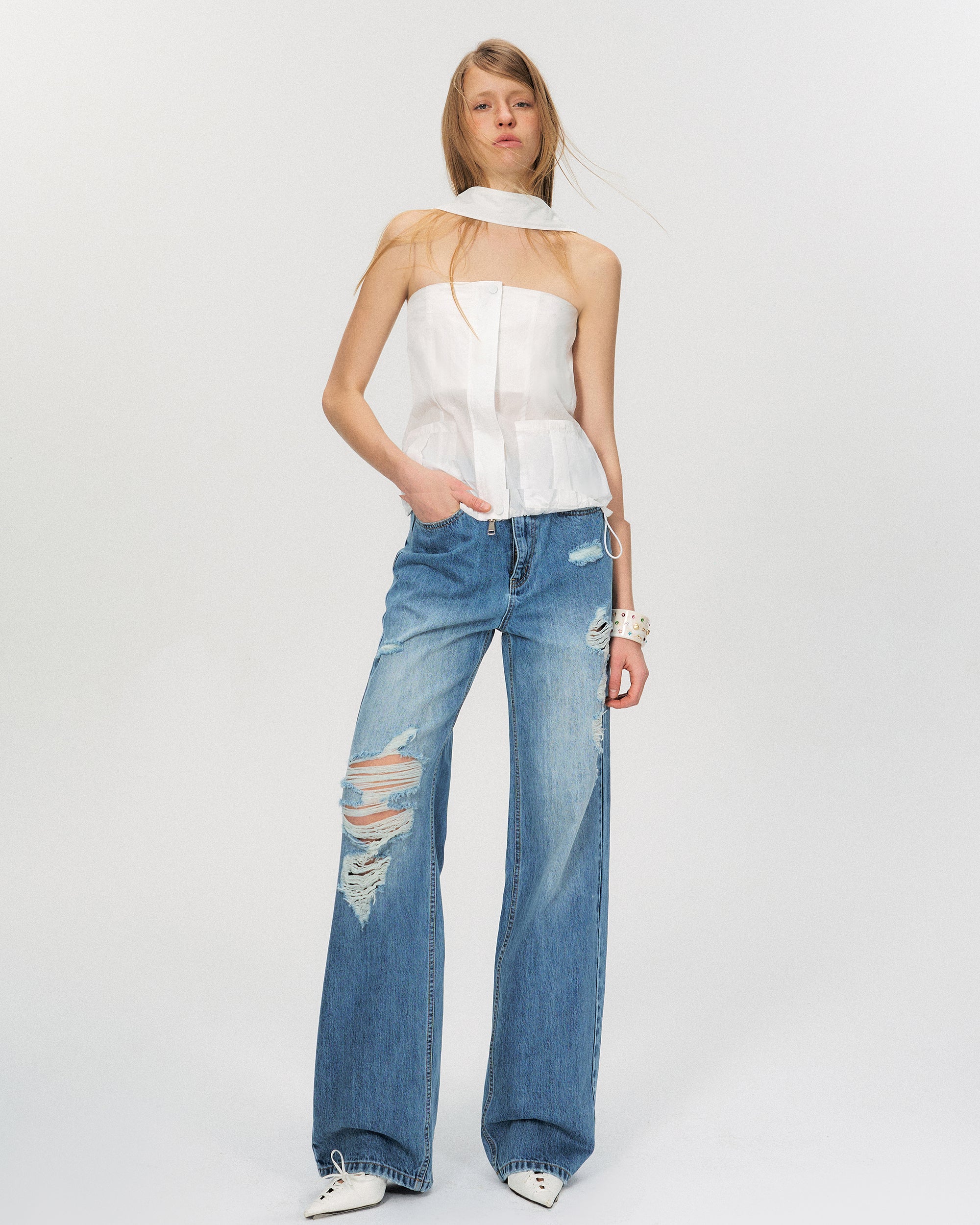 THE NEVERMORE Sheer Strapless Drawstring-Hem Pocket Top