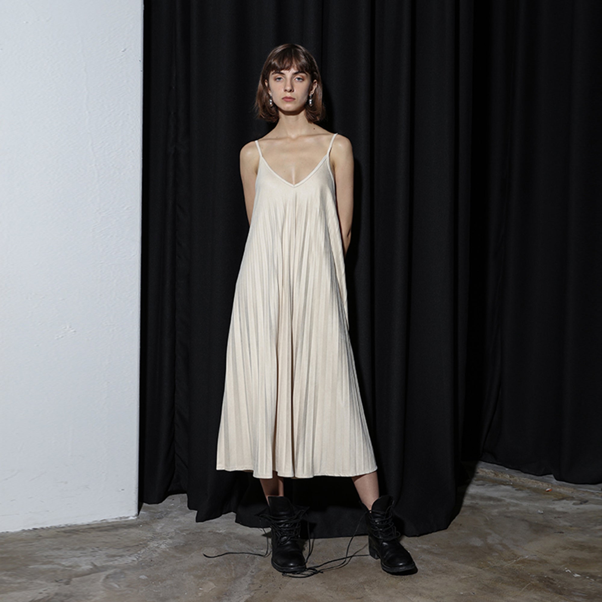 CAIRA Pleated Suede Cami Midi Dress