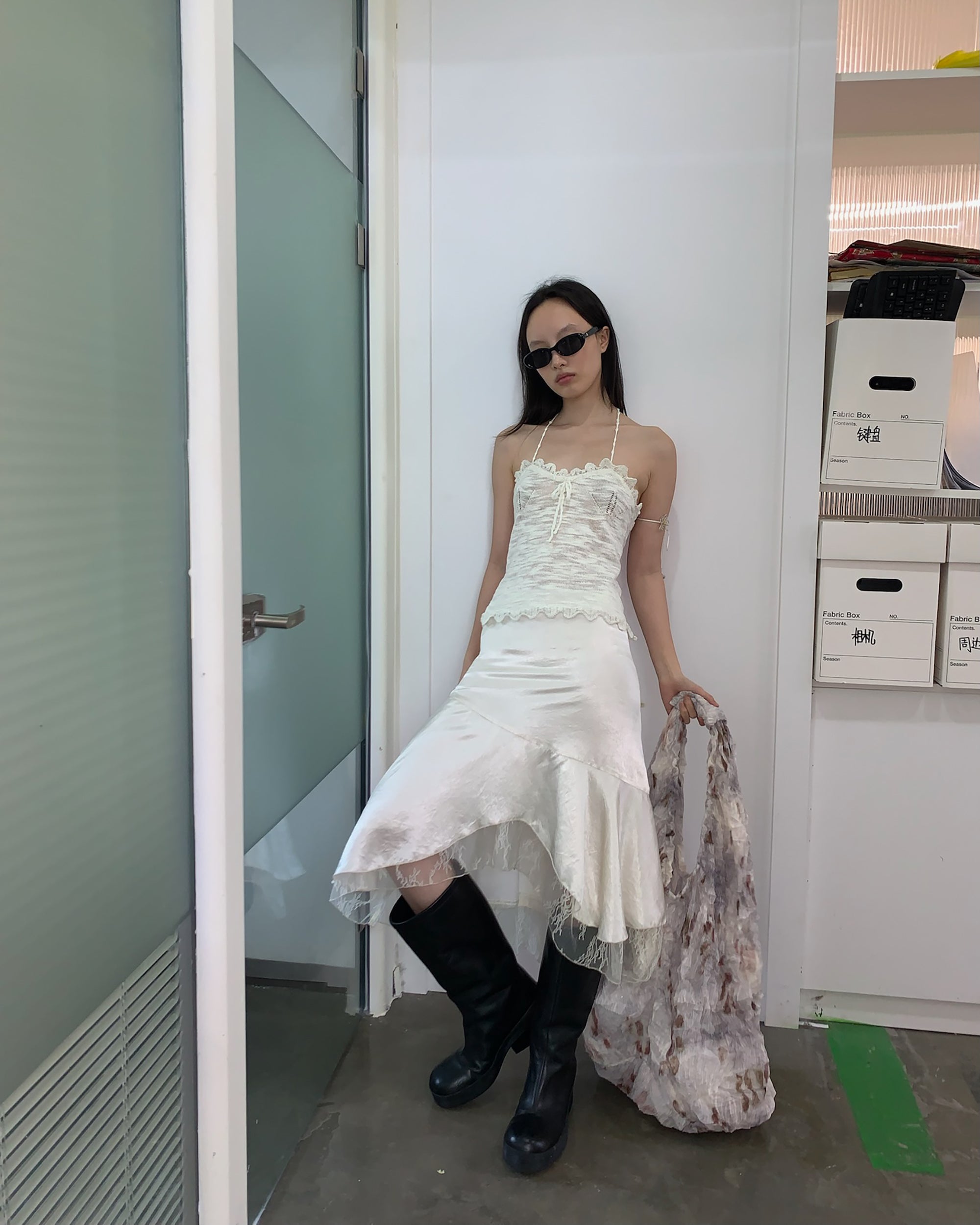 NEVERSEEZ Satin Acetate Lace-Panel Midi Skirt
