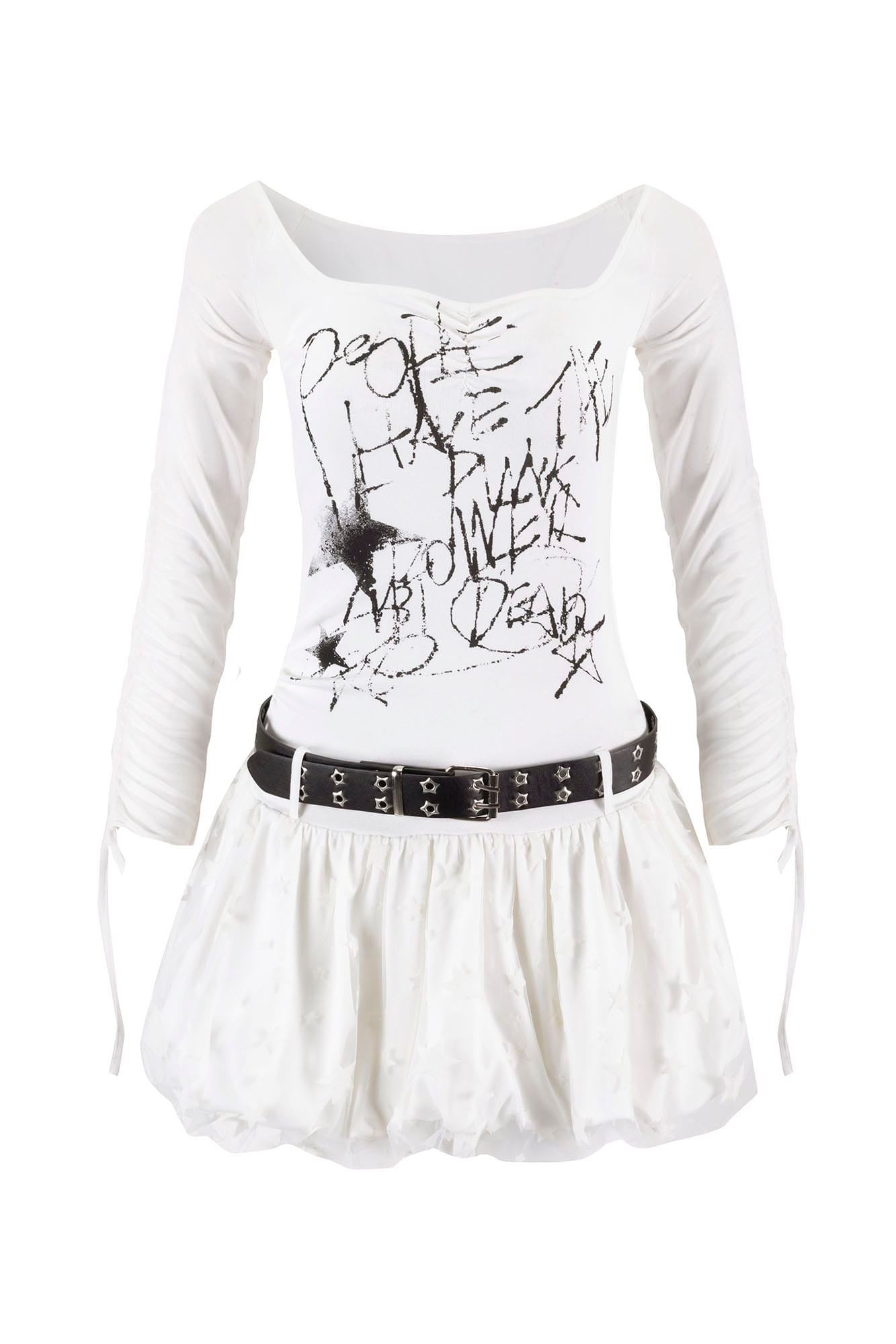 CESTNOUS Sheer-Sleeve Graffiti Mini Dress