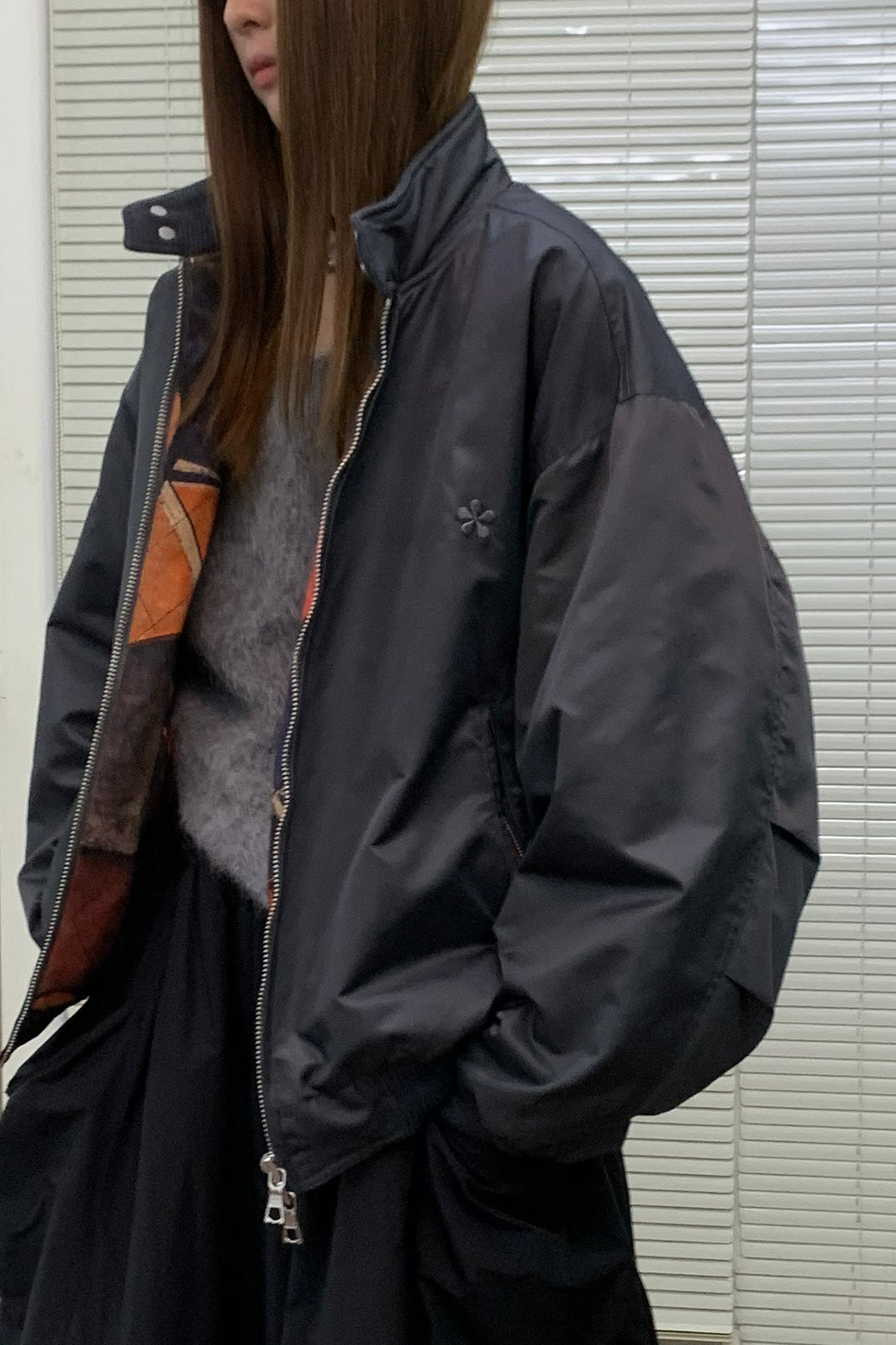 NEVERSEEZ Graphic-Lining Embroidered-Flower Bomber Jacket