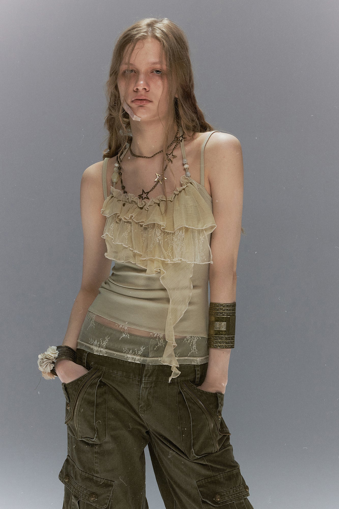 CESTNOUS Ruffled Lace Layered Beaded Camisole Top
